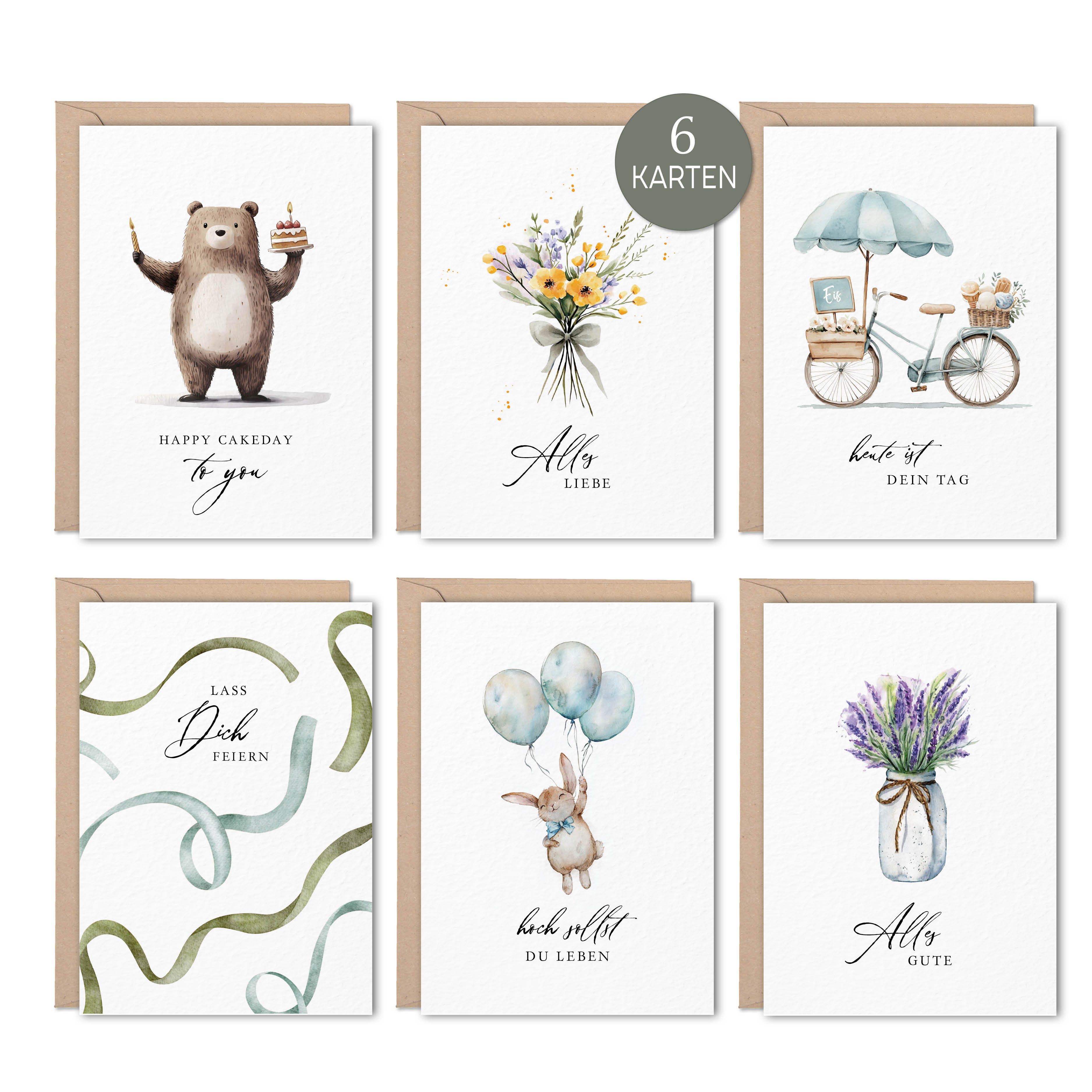 Geburtstagskarte im 6er Set, stilvolle Aquarellmotive mit Geburtstagswünschen