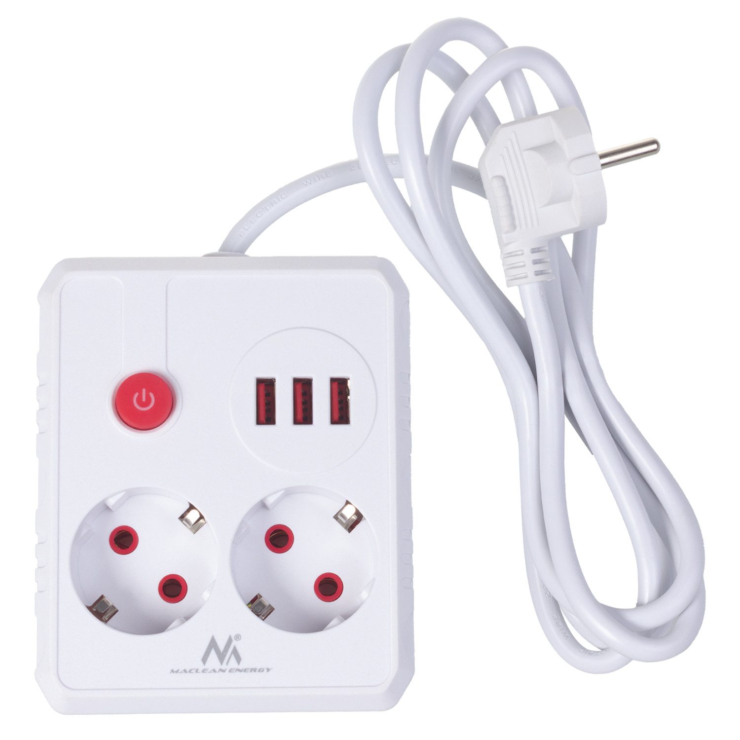Maclean 2 Steckdosen 2500W 3xUSB Mehrfachsteckdose 2-fach (Kabellänge 1.5 m), 110-240V AC 50/60Hz, 2,1A max 2500W