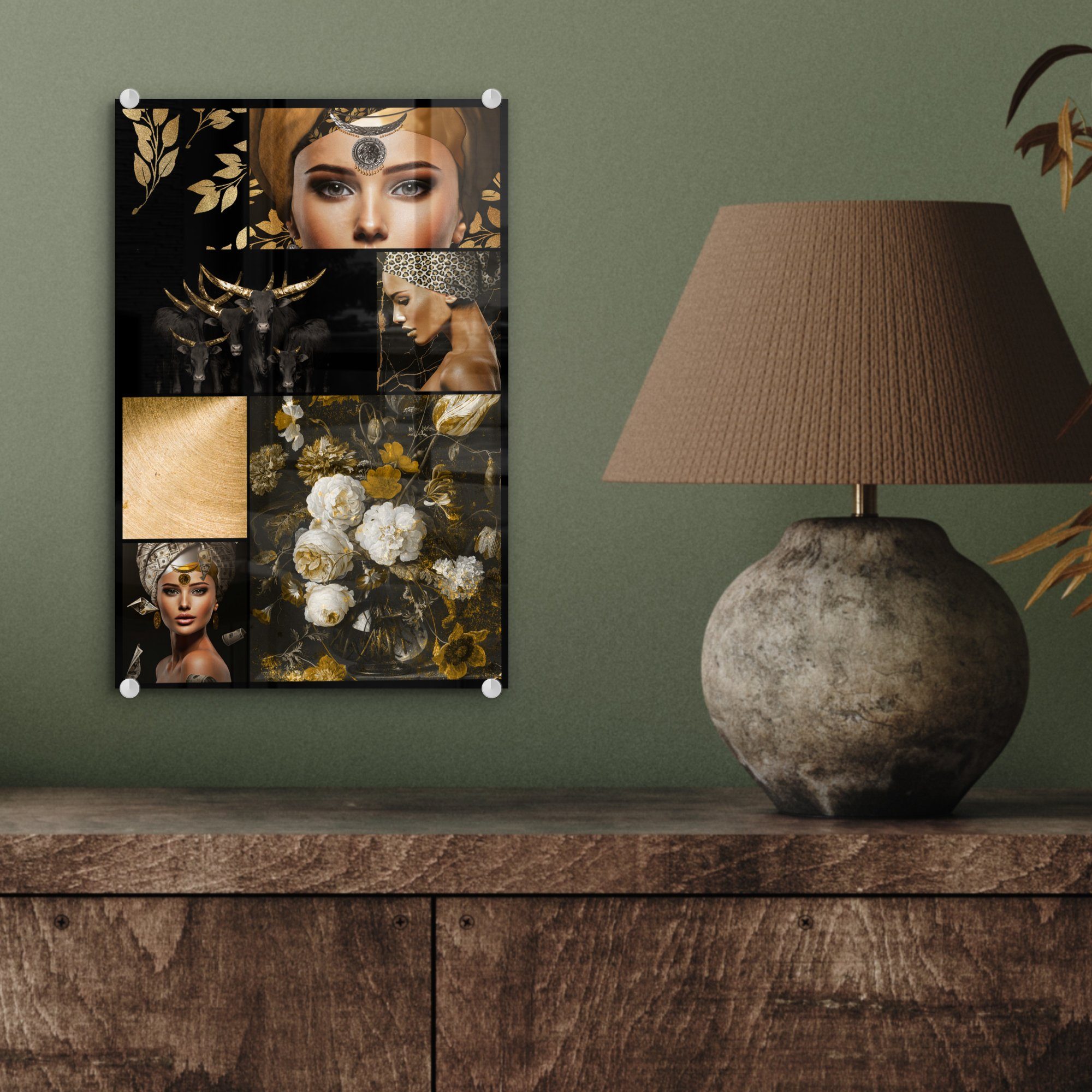 - bunt Wanddekoration Foto auf Glas Acrylglasbild auf Gold St), Bilder Frauen Wandbild (1 - Glitter, - Glas MuchoWow Schwarz Glasbilder - - -