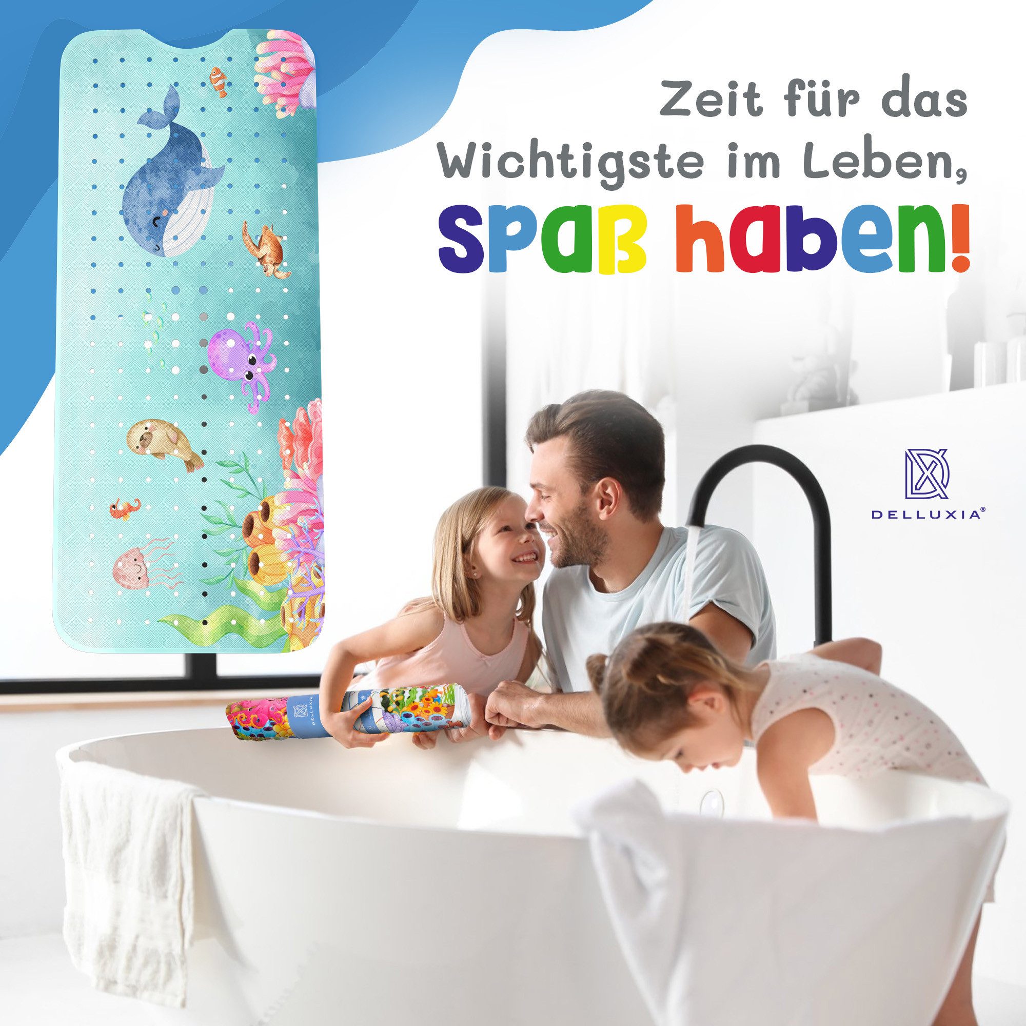 Delluxia Wanneneinlage Badewannenmatte Kinder rutschfest XL, B: 40 cm, L: 100 cm, inkl. Aufhängung, geruchsfrei, schimmelfrei, ohne Weichmacher