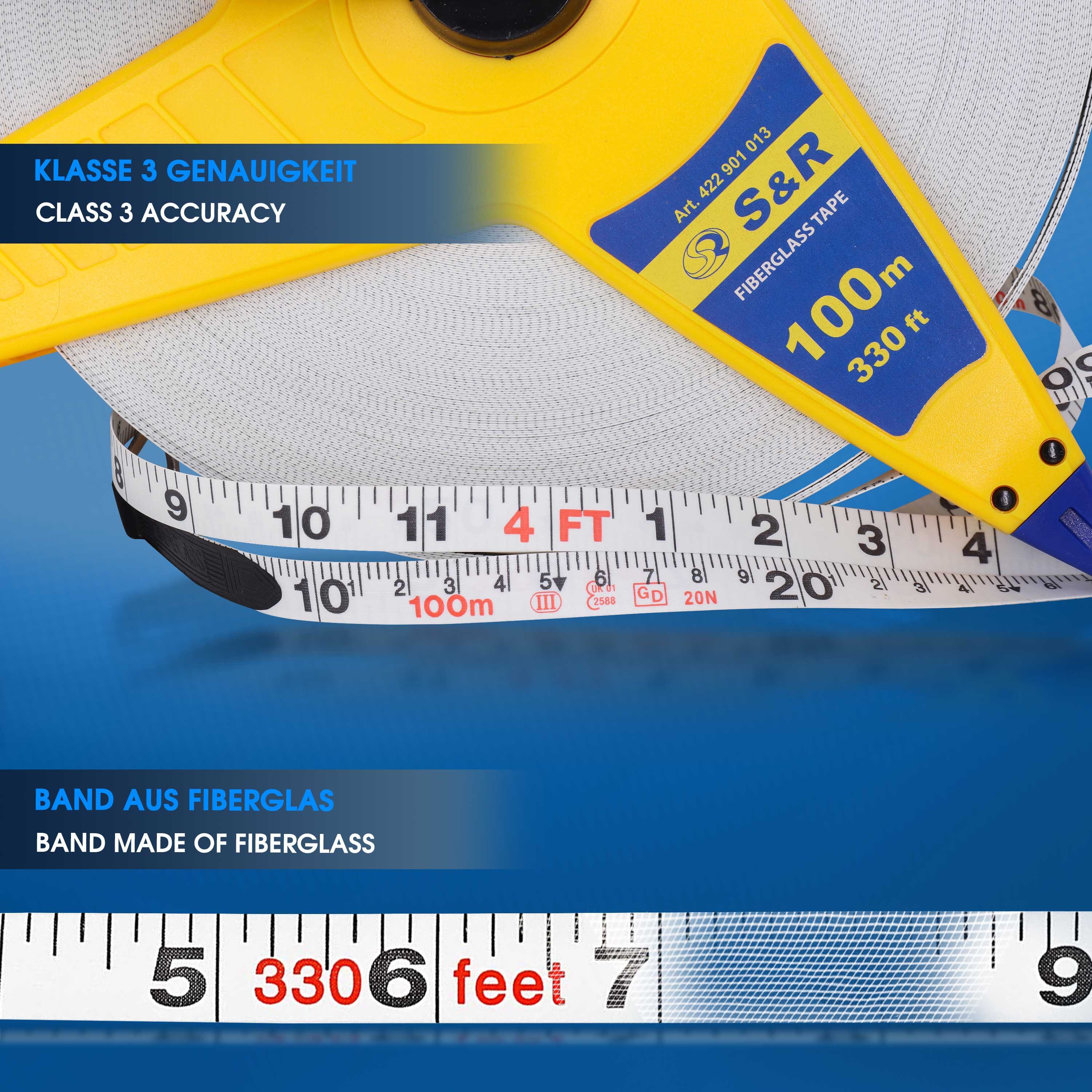 S&R Maßband Fiberglas 100m / 330 Ft-Fuß doppelt markiert, Rollband Breite 13mm, Maßband mit Metallring und Zentrierspitze in MM und Zoll