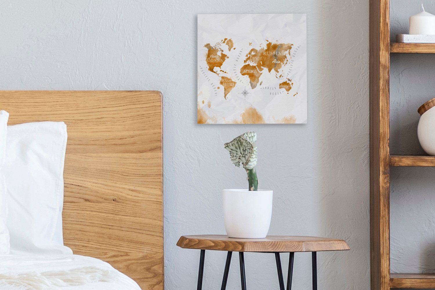 OneMillionCanvasses® Leinwandbild Karte für Bilder Leinwand - (1 Wohnzimmer Schlafzimmer - Welt, St), Gold