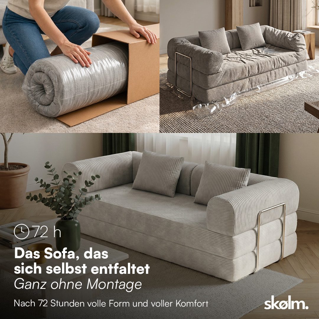 skølm Sofa & Sessel Lofn aus Vollschaum Cord, umwandelbar zum Schlafsofa/-Sessel, Hellgrau, Cordsofa 200 cm breit, 2 Sitzer, kein Aufbau erforderlich, vakuumiert