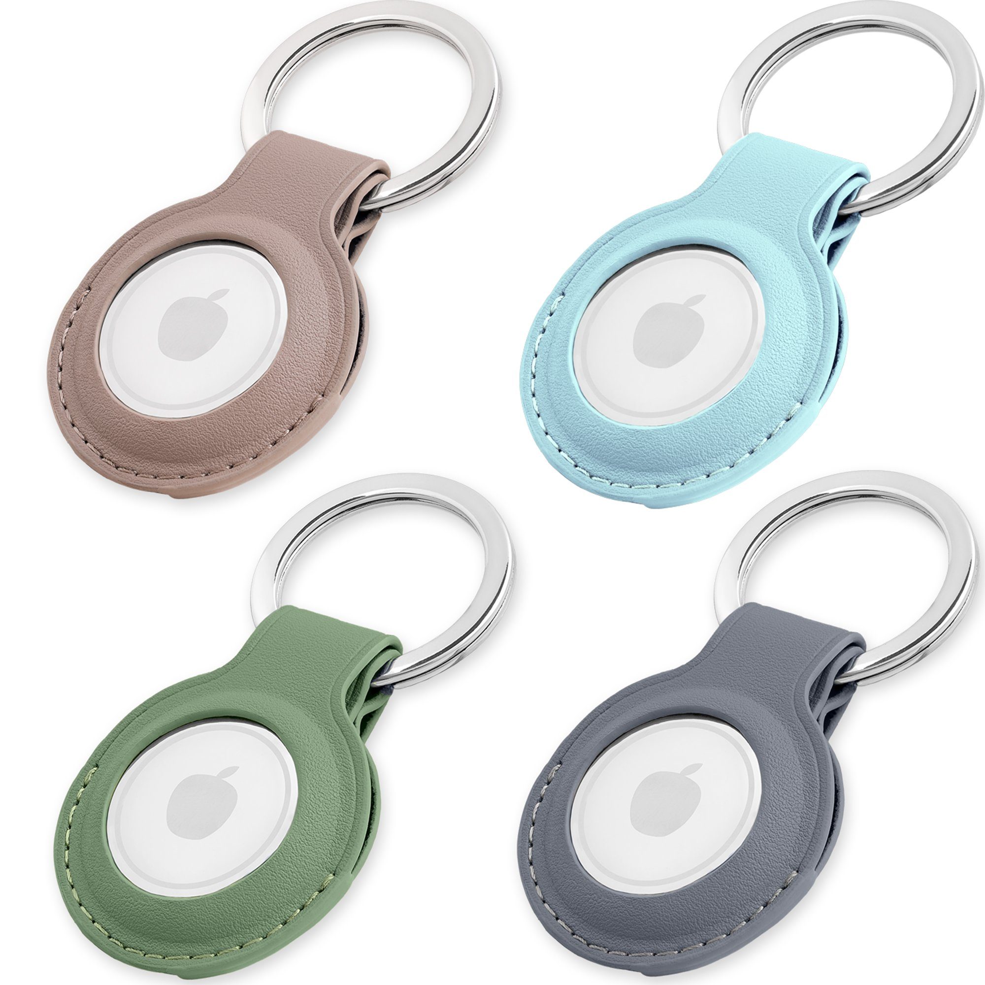 MAGATI Schlüsselanhänger Hülle kompatibel mit Apple Airtag Anhänger (Set, 4-tlg., Premiumleder Anhänger mit Edelstahl Schlüsselring für Apple AirTag), Komplett schützendes Zubehör, Grün+Taupe+Hellblau+Grau