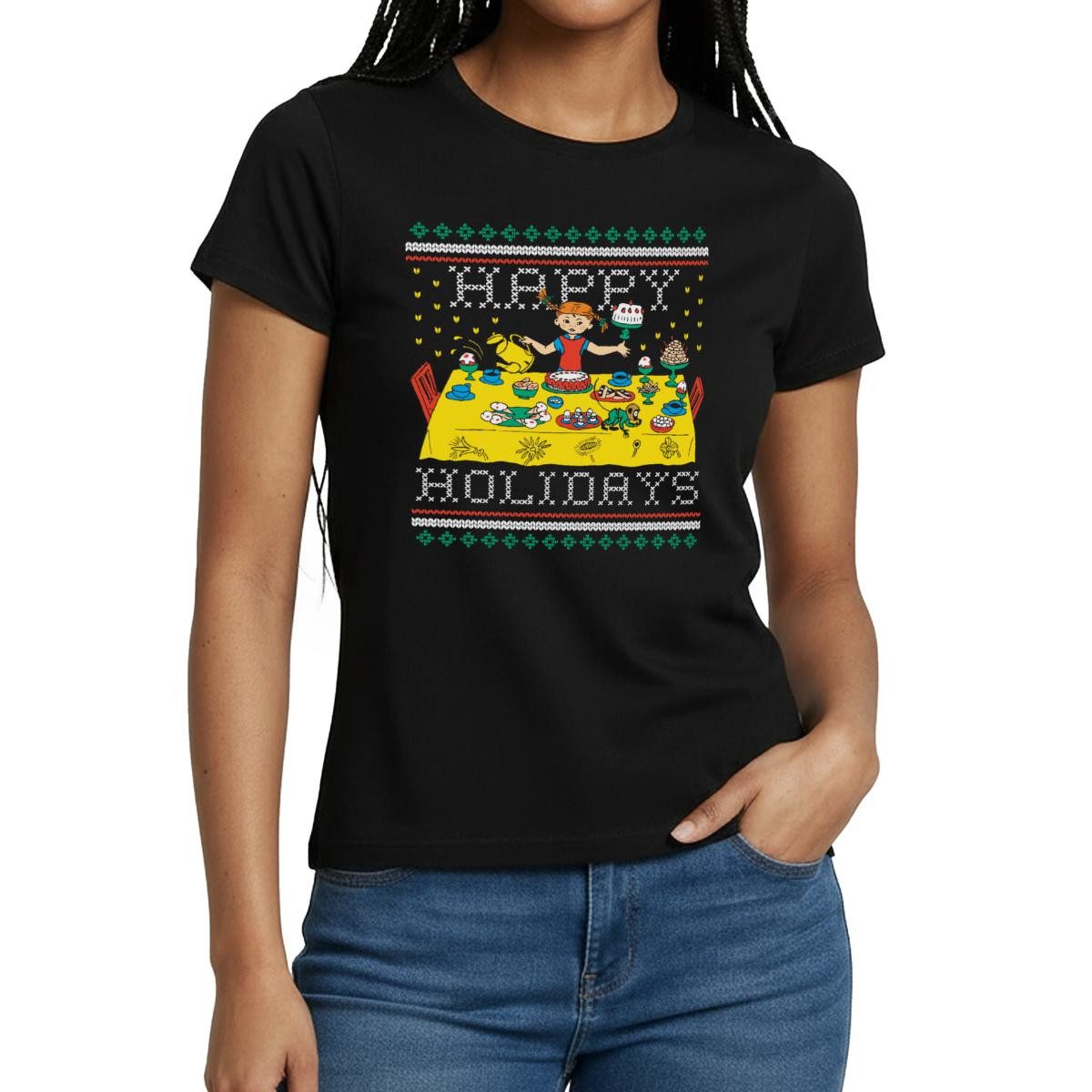Spreadshirt T-Shirt Pippi Langstrumpf Happy Holidays Ugly Christmas Frauen T-Shirt (1-tlg) Slim Fit, fällt klein aus