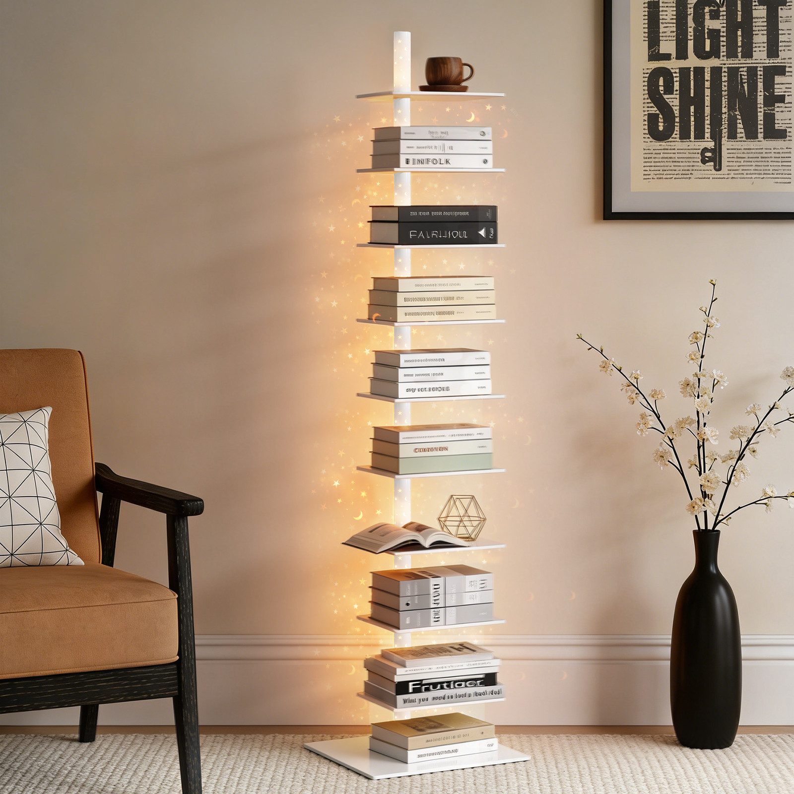 XIIW Bücherregal 1.8M LED STERNENLICHT Standregal CD DVD Kind Drehbar Regal Bücherturm, 9 Ablagen Vertikaler Bücherregal für Kinderzimmer, Wohnzimmer Schlafzimmer Freistehend Modern Design