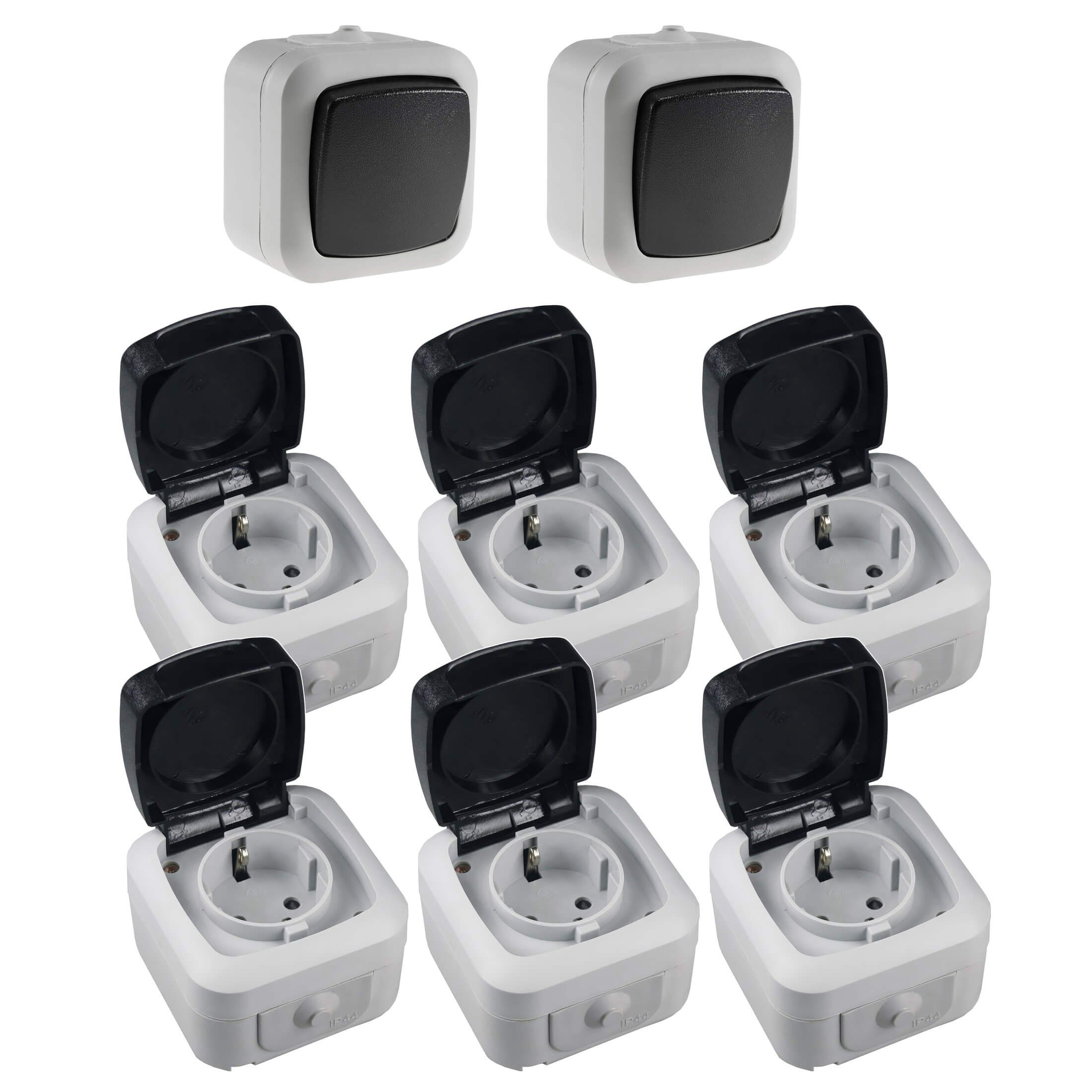 Aufputz-Steckdose Feuchtraum Steckdose Wechselschalter Set 8 teilig IP44 Aufputz grau