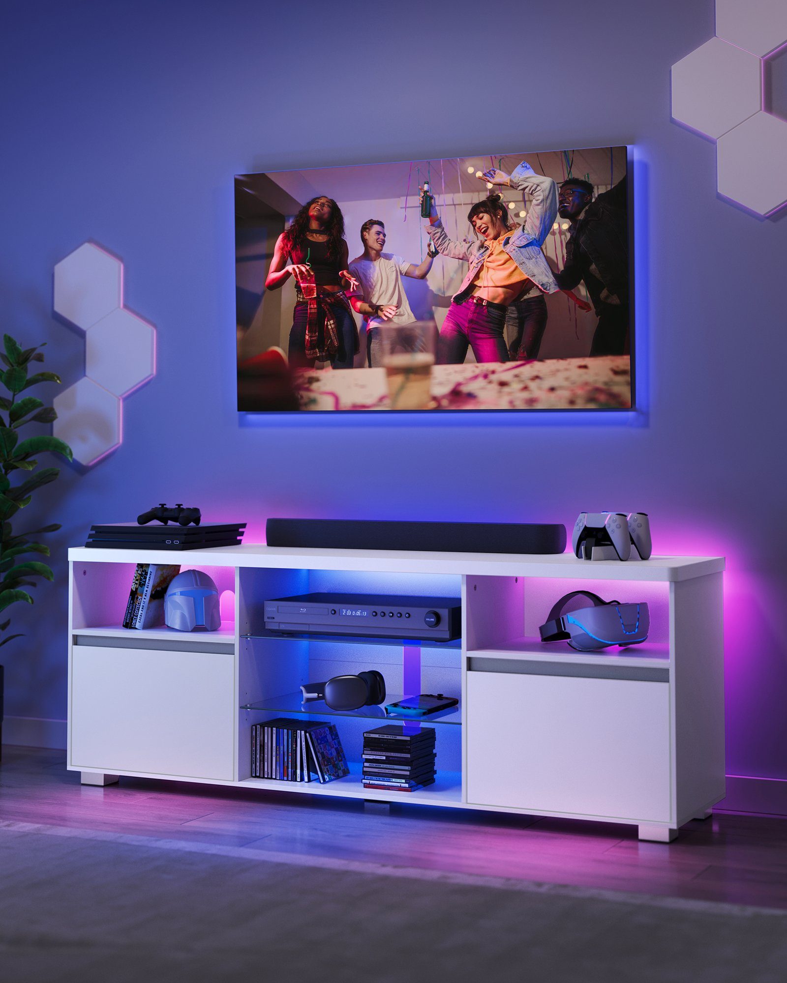 VASAGLE TV-Schrank mit LED-Beleuchtung, Fernsehtisch, für Wohnzimmer, 40 x 160 x 60 cm für Fernseher bis zu 70 Zoll, mit offenen Ablagen, 2 Schränke, weiß