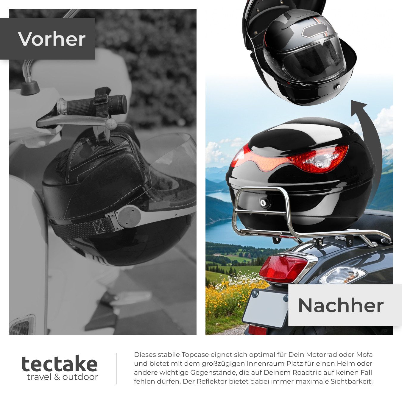 tectake Topcase Motorradkoffer mit Sicherheitsschloss, großer Reflektor, (Roller Koffer Sergej, in schwarz), Volumen 22 l, robust und spritzwassergeschützt – Bild 5 von 5