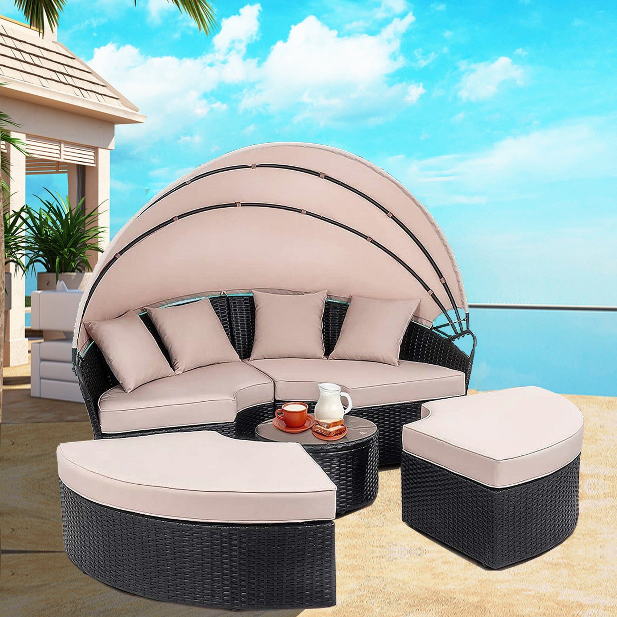 Melko Gartenlounge-Set »Polyrattan Sonneninsel Sonnenliege mit Tisch &  Kissen in Braun oder Schwarz 180CM Gartenmuschel Strandkorb Set  Sitzgarnitur Sunbed Sitzfläche«, (Stück), Wasserabweisend