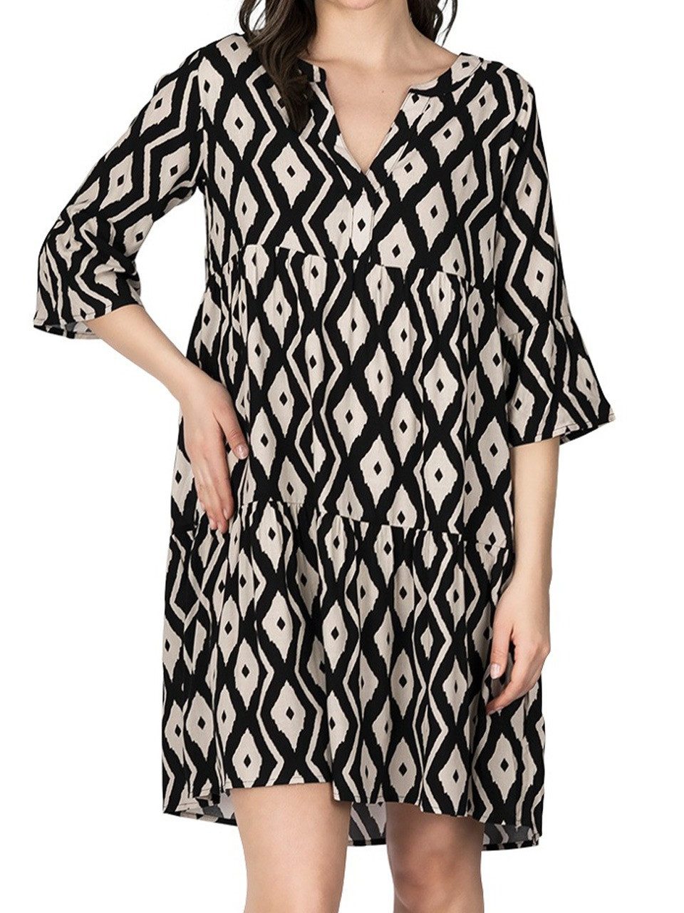 DENIMFY Sommerkleid Damen Kleid DFFrida A-Linie 3/4 Arm Freizeitkleid mit V-Ausschnitt aus 100% Viskose