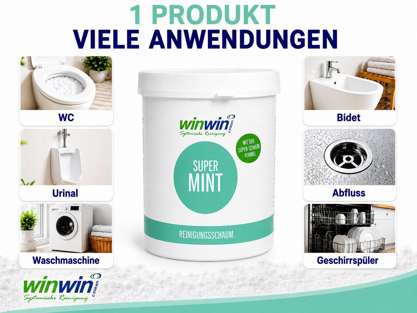 winwinCLEAN Super WC Schaum Universalpulver mit Messbecher Kalk&Urinstein&Fett Universalreiniger (1x Super WC-Reiniger Universalschaum 1kg Entfernt Urinstein, Kalk und Fett – mit frischem Duft)