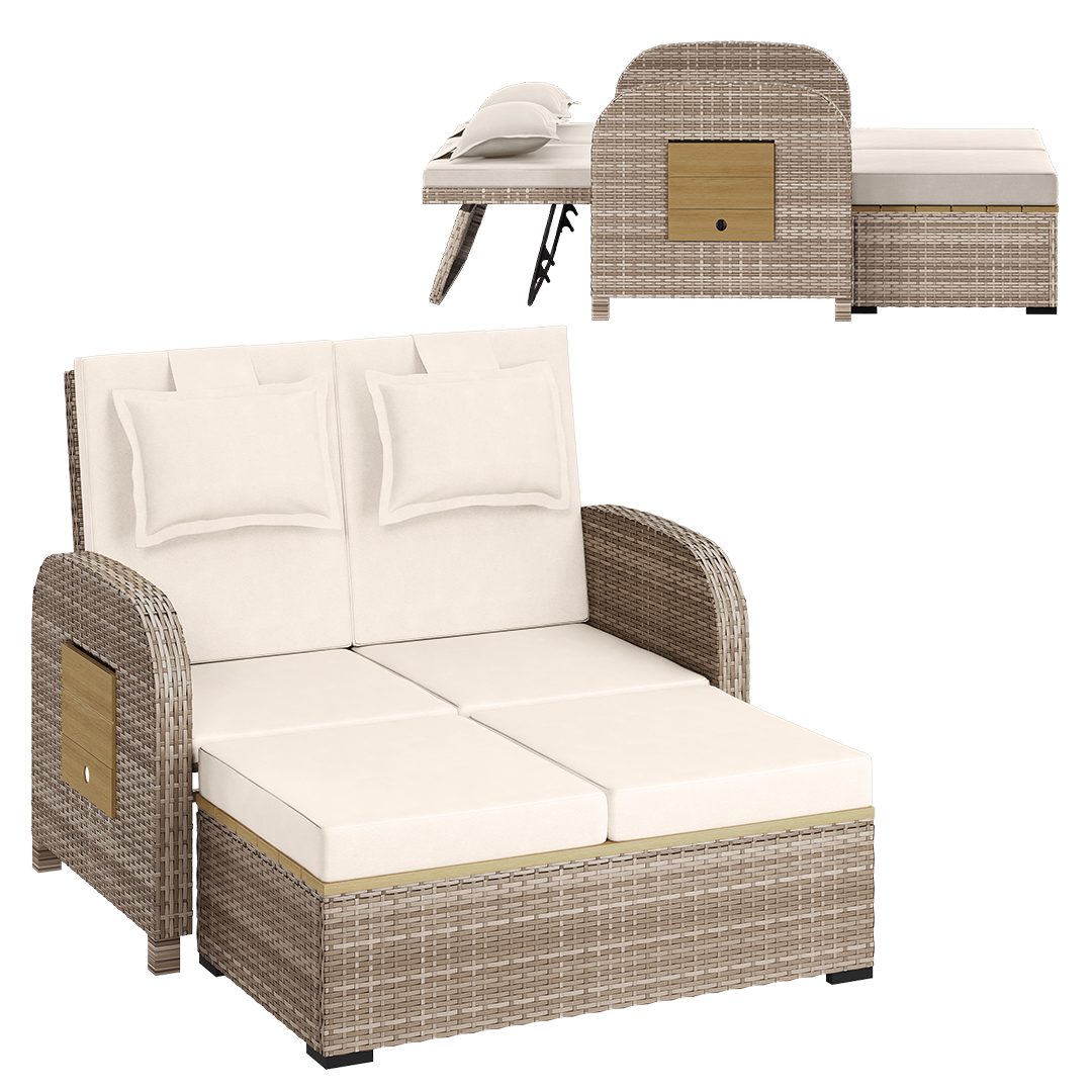 STEELSØN Gartenlounge-Set Caelum Gartensofa mit Liegefunktion, (beige, mit Kissen, wetterfest), Rattan Sonnenliege, herausziehbare Bank, ausklappbare Seiten-Tabletts