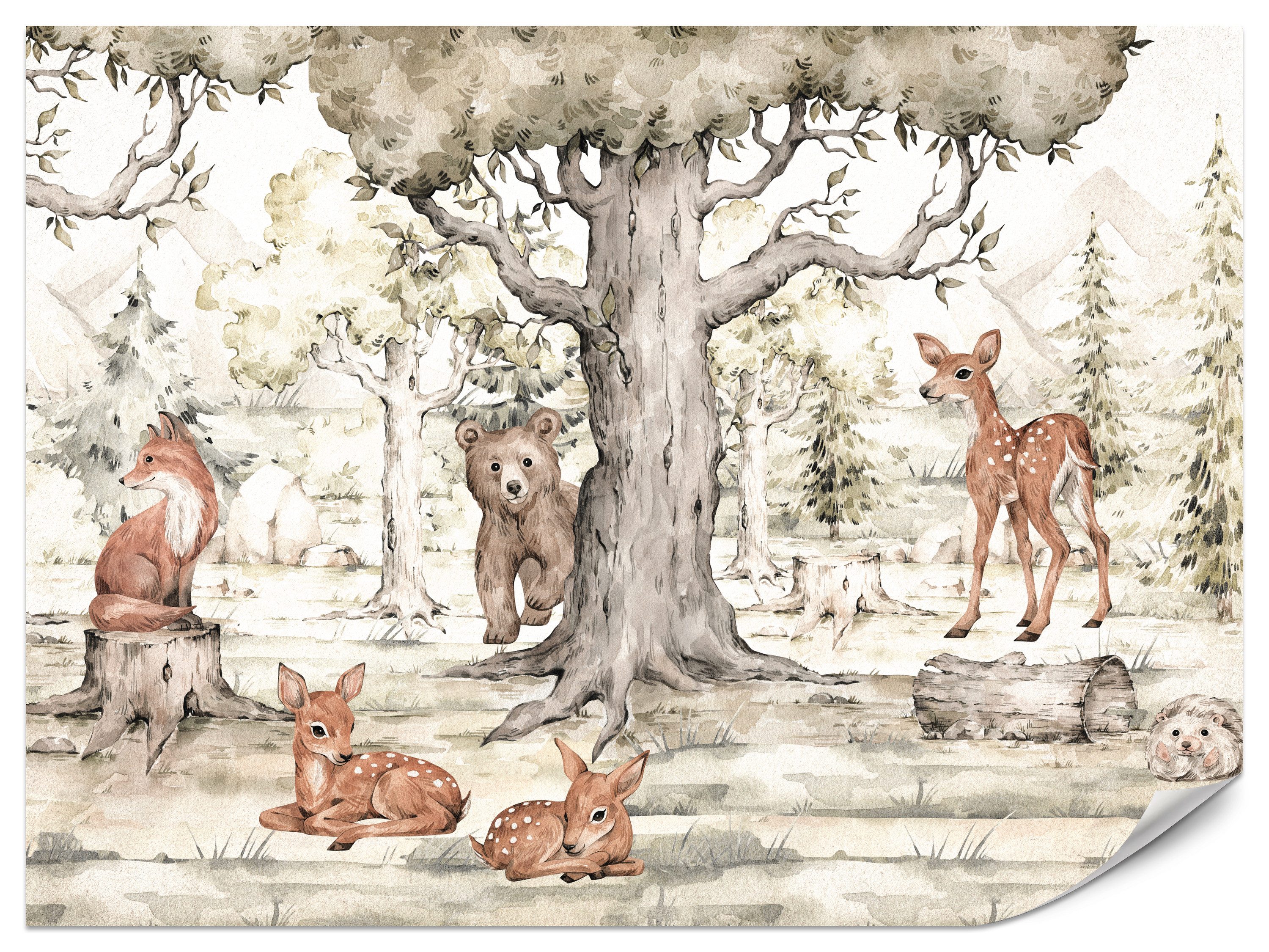 Muralo Fototapete Vliestapete - Ins Schlafzimmer - Waldtiere, Fuchs, Bär, Rehkitze, Reh, Glatt, Grafisch, (Packung, 1 St., 450x315 cm), Kleber im Set, 3D-Optik
