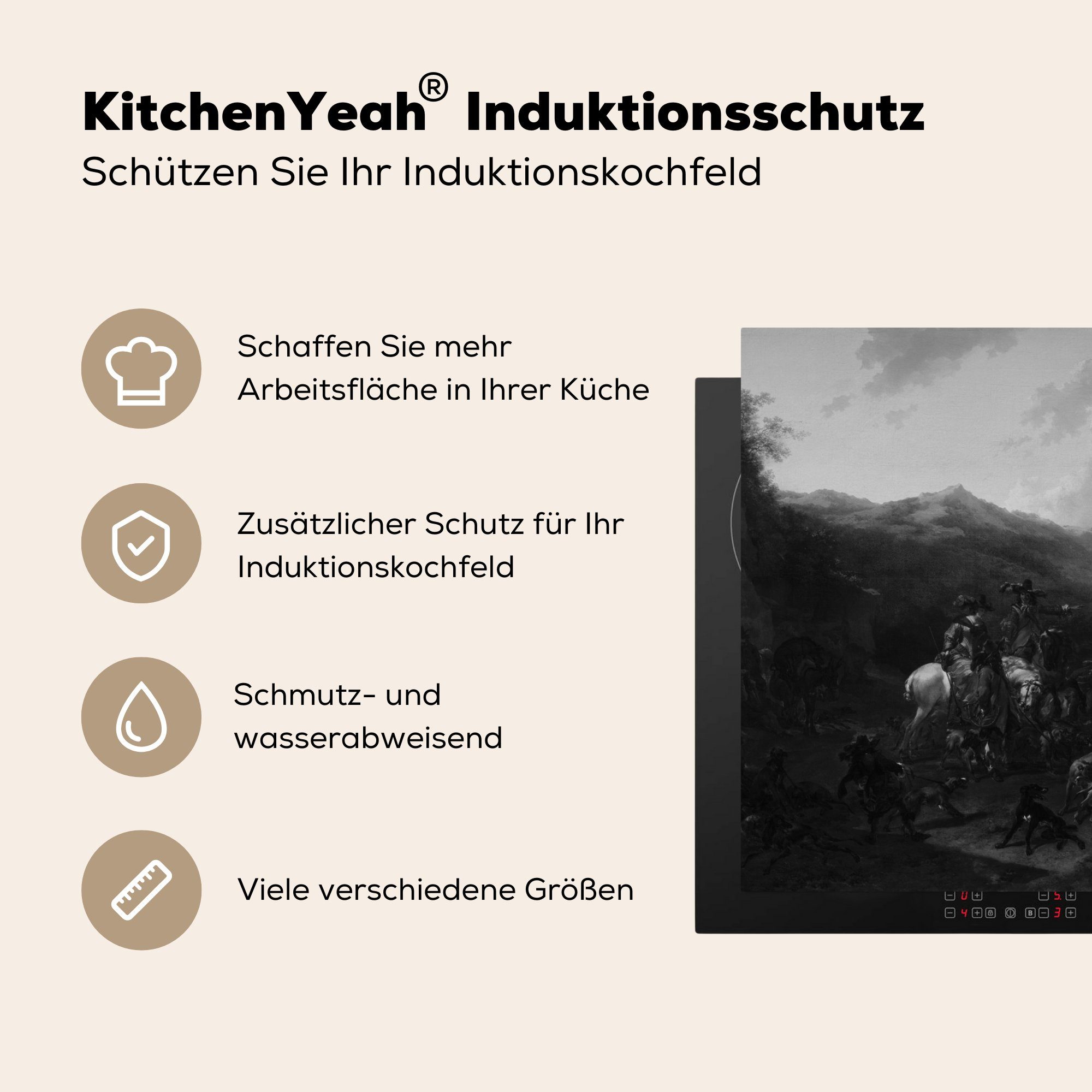 küche Herdblende-/Abdeckplatte in Pietersz (1 Wildschweinjagd Schwarz-Weiß Vinyl, tlg), Nicolaes - 78x78 Arbeitsplatte Berchem, Ceranfeldabdeckung, für MuchoWow cm,