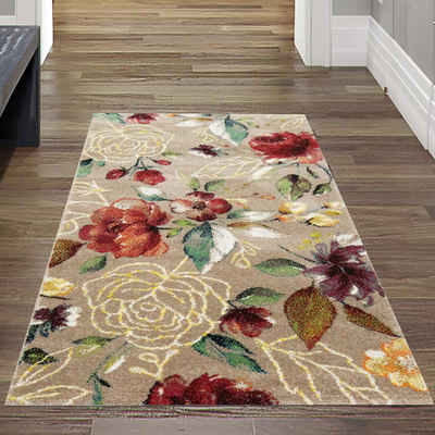 Teppich Wunderschön dezenter Teppich mit bunten Blumen, pflegeleicht, taupe, Teppich-Traum, rechteckig, Höhe: 13 mm