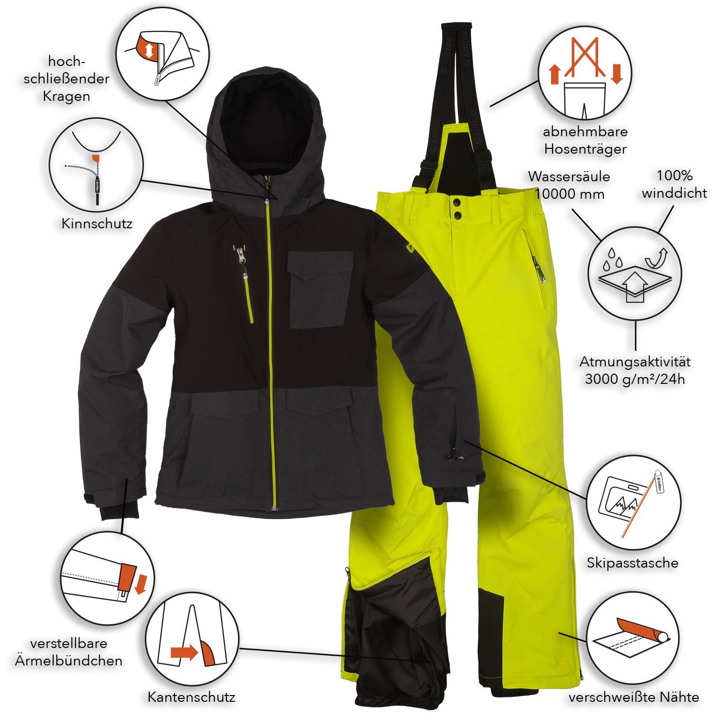 Killtec Skianzug Jungen Skijacke + Skihose (anthrazit/ limette, Gr. 128), verschweißte Nähte
