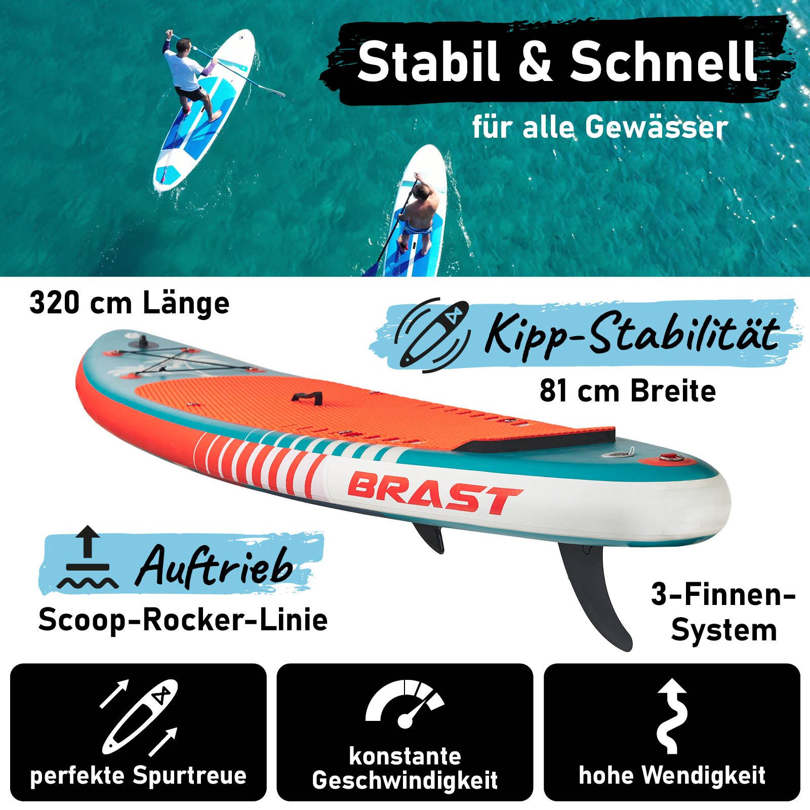 BRAST SUP-Board mit LEDs Aufblasbares Stand up Paddling Set - 320x81x15cm, 5 Jahre Garantie inkl. Sonderzubehör, (2in1 Paddel Kajak-Sitz Action-Cam-Halterung, Beleuchtung mit 10 Farben), Fußschlaufe Paddel Pumpe Rucksack