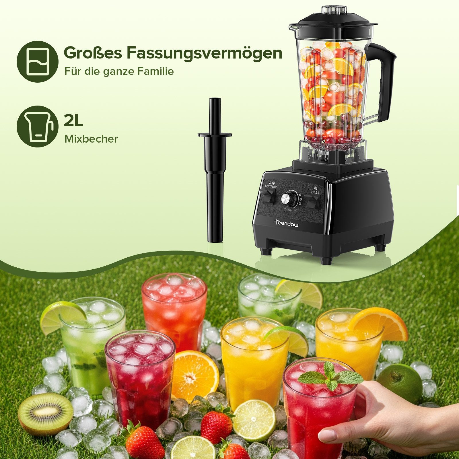 Teendow Standmixer Standmixer Hochleistungsmixer 1800W 2L BPA frei Smoothie Mixer, 1800 W, mit Rührstab, Selbstreinigend, 6 Edelstahlklingen – Bild 4 von 5