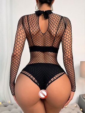 Elegant Love Langarmbody Sexy Netz-Body für Damen, Fischnetz Dessous mit Stehkragen transparente erotische Unterwäsche