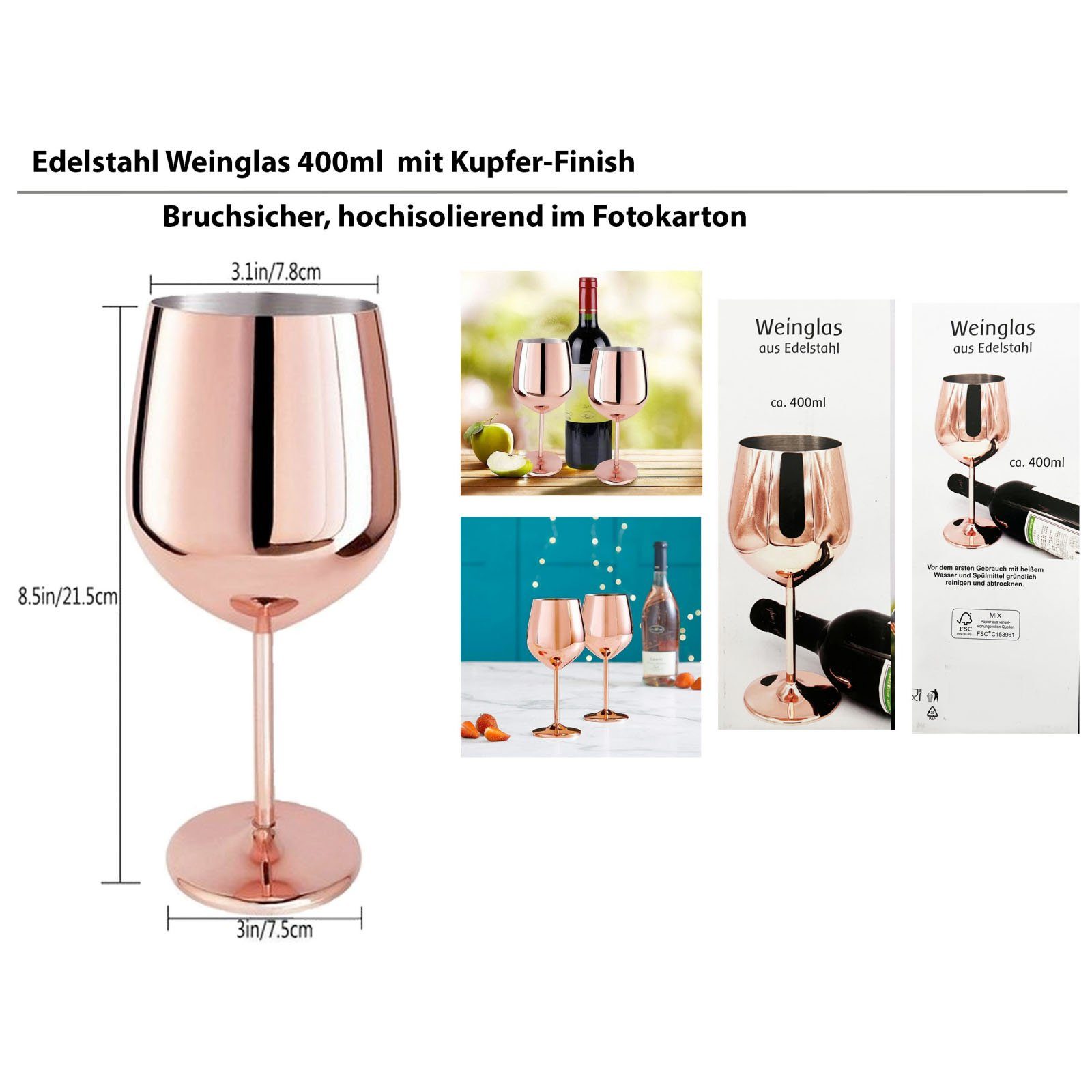 HAC24 Weinglas Weinbecher Weinkelch Rotweinglas Weißweinglas, 1-tlg., Edelstahl, Kupferfarben 400 ml