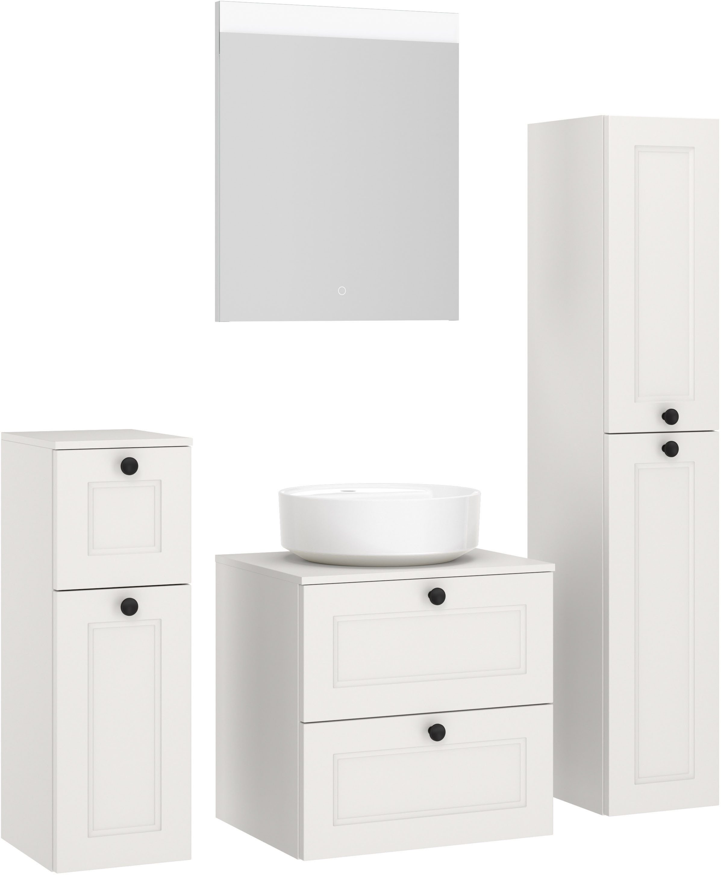 nobilia® Badmöbel-Set Cascada, (Set, 4-St., inkl. Aufsatzwaschbecken und beleuchtetem Spiegel mit Touch-Sensor), vormontiert, mit Soft-Close, in vier Breiten