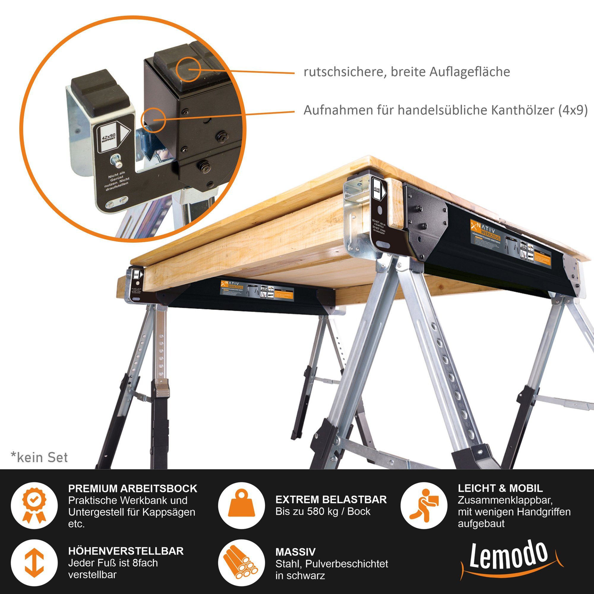 Lemodo Unterstellbock Premium Arbeitsbock, höhenverstellbar klappbar, Füße höhenverstellbar (1-St), und einzeln