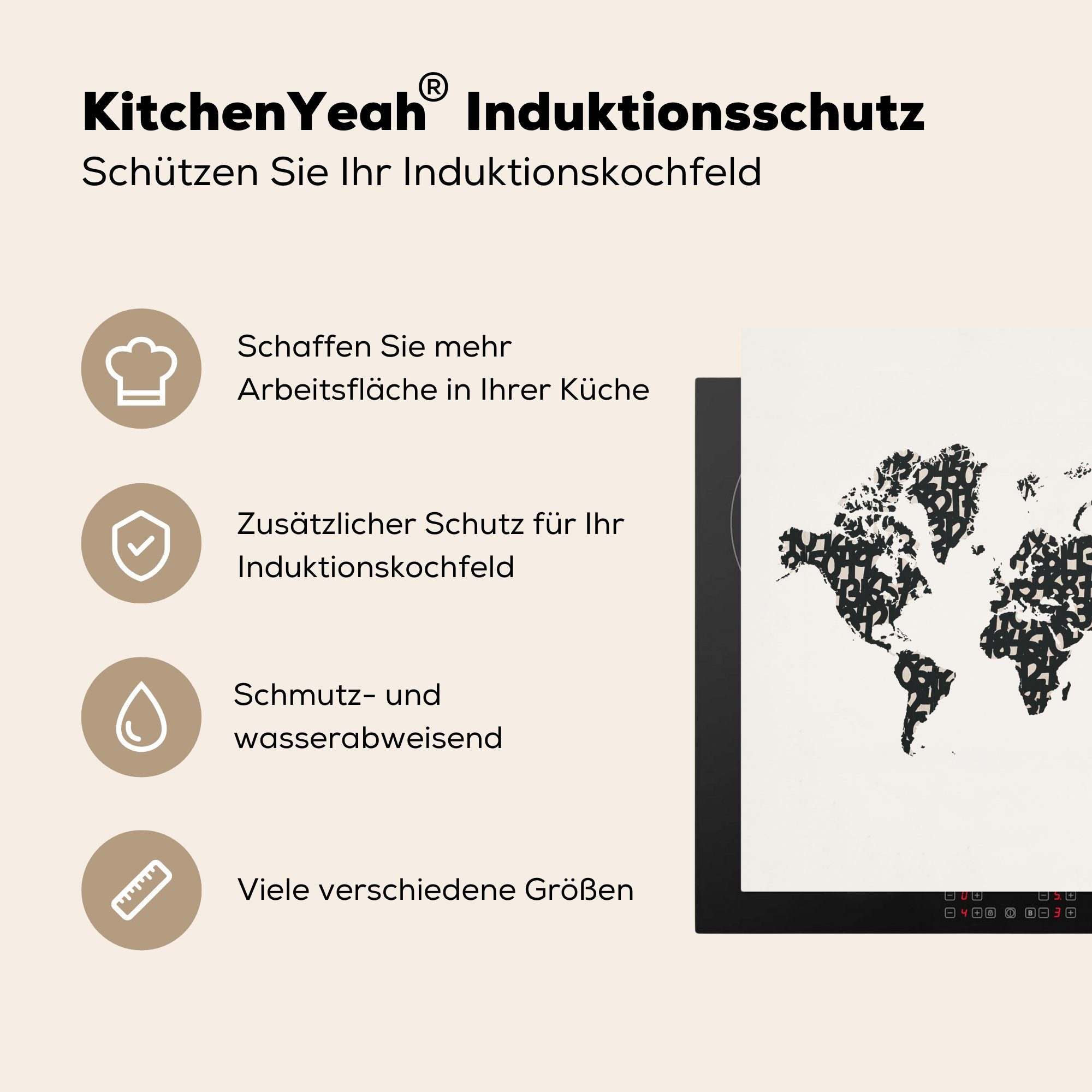 Herdblende-/Abdeckplatte küche tlg), MuchoWow Weiß Ceranfeldabdeckung, Arbeitsplatte Weltkarte (1 - Vinyl, 78x78 für Schwarz - Zahlen, cm, -