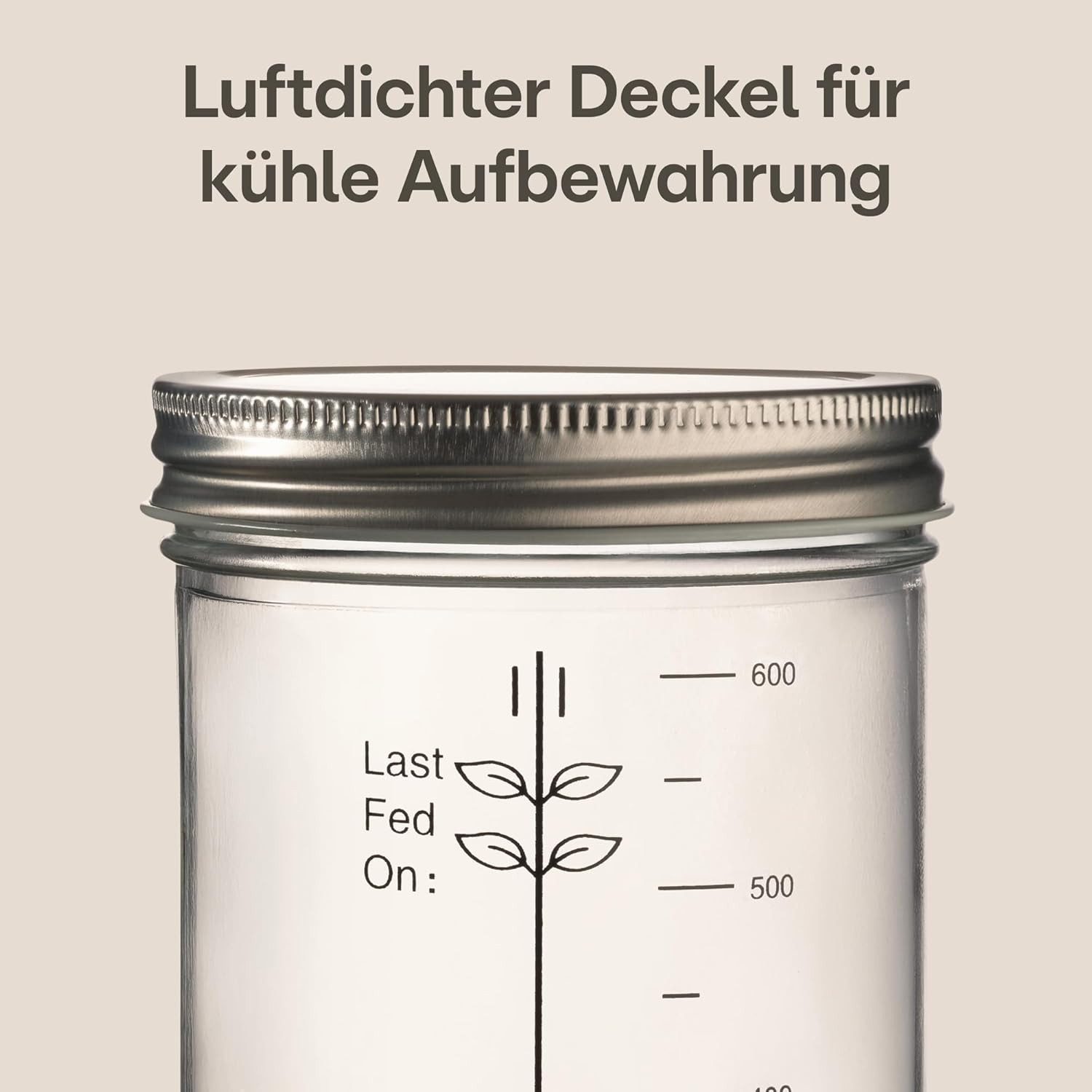 Praknu Fermentationsglas Sauerteig Starter Set aus Glas (700 ml) Komplett-Set mit Anleitung, Glas, Silikon, Baumwolle, Metall, (Starter Set, Komplett-Set für Sauerteigkultur), Plastikfrei, spülmaschinengeeignet, für Anfänger
