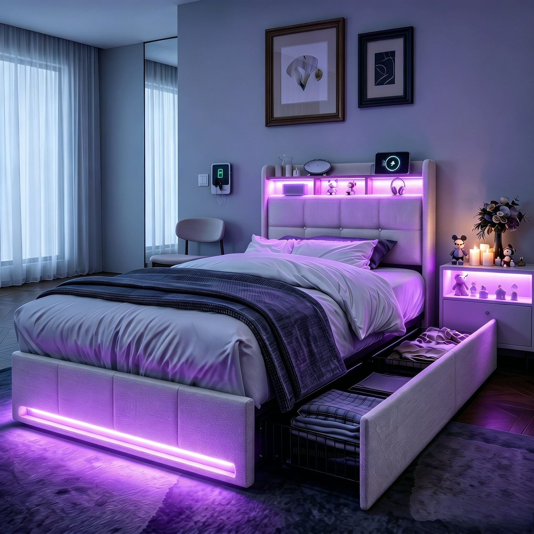 PXloue Polsterbett LED Doppelbett Stauraumbett, mit USB-Laden und Stauraum am Kopfteil,Leinen,90x200 cm