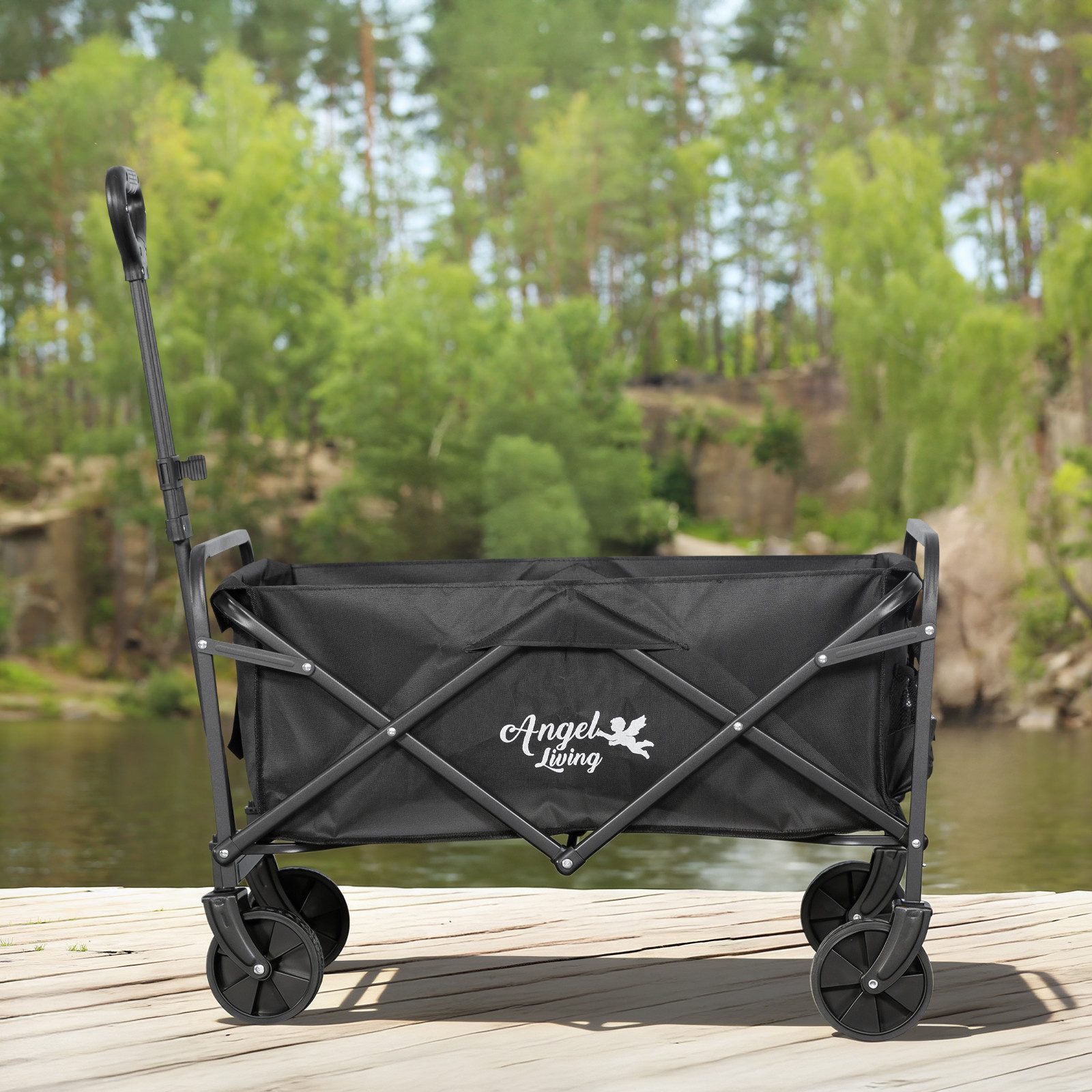 Angel Living Bollerwagen Klappwagen mit abnehmbaren Rädern – 88x48x75 cm, 600D Oxford-Stoff (1-tlg), Carbon-Stahlrahmen, Tiefgrau pulverbeschichtet, 2 Getränkehalter