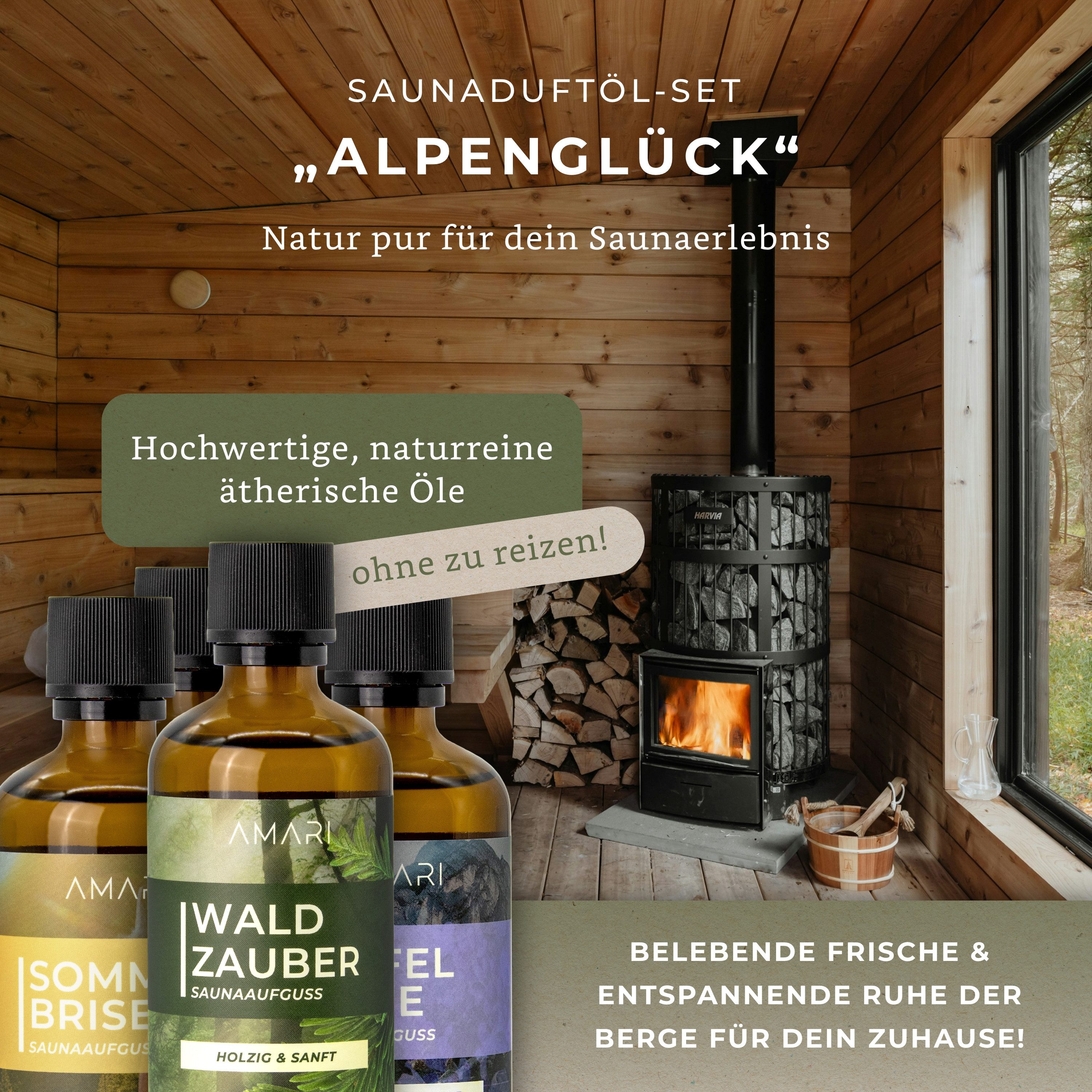 Amari Sauna-Aufgussset Saunaaufguss Set Alpenglück – natürliche Saunadüfte (4-tlg Saunaduftöl Set, 4-tlg., Naturreine Ätherische Öle) 4 verschiedene Düfte - 100ml je Flasche