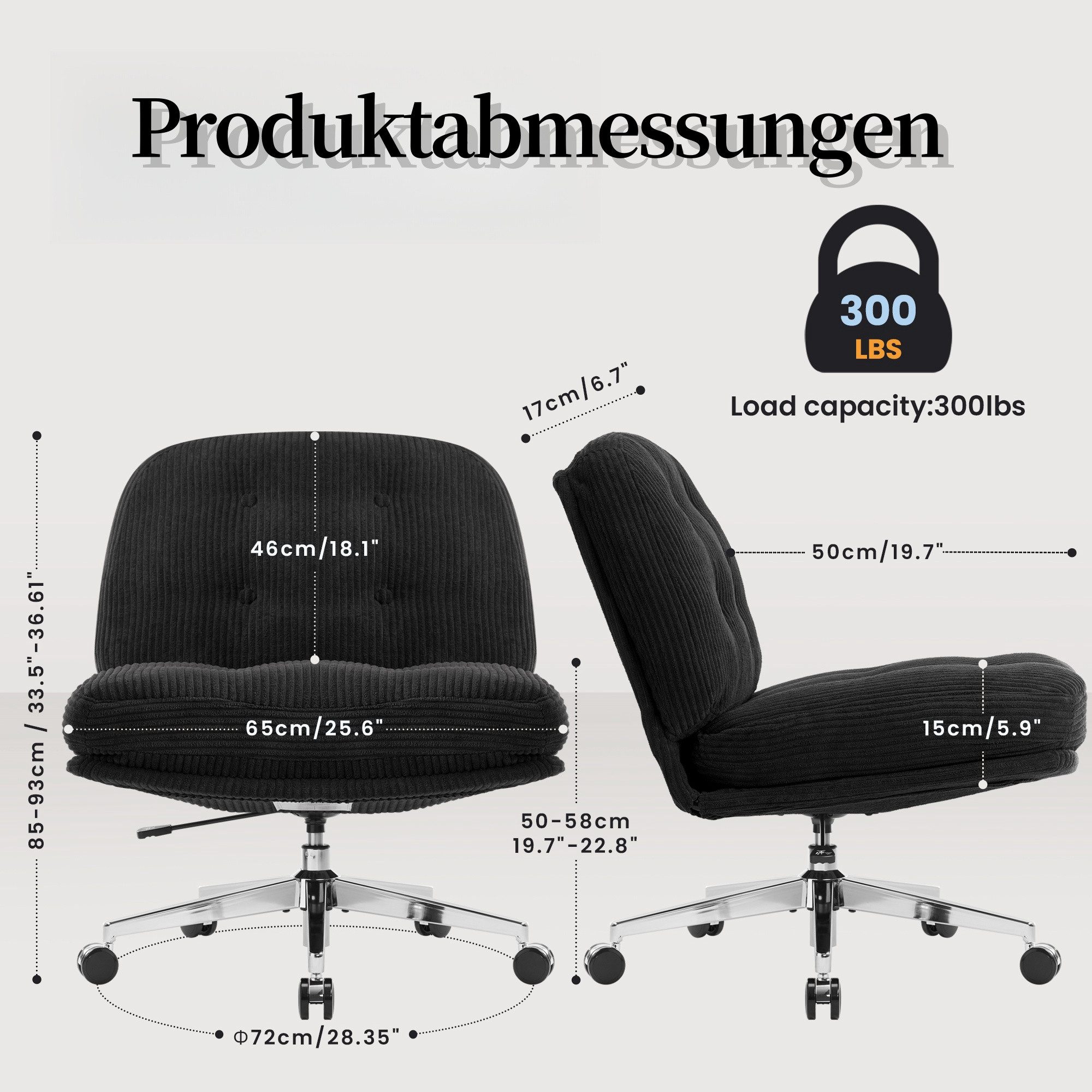IWMH Chefsessel Dick Schreibtischstuhl mit Rollen, Cordstoff Bürostuhl ohne Armlehnen (Lesesessel mit 15cm dickem Sitzkissen), Höhenverstellbar Drehstuhl für Sc – Bild 5 von 5