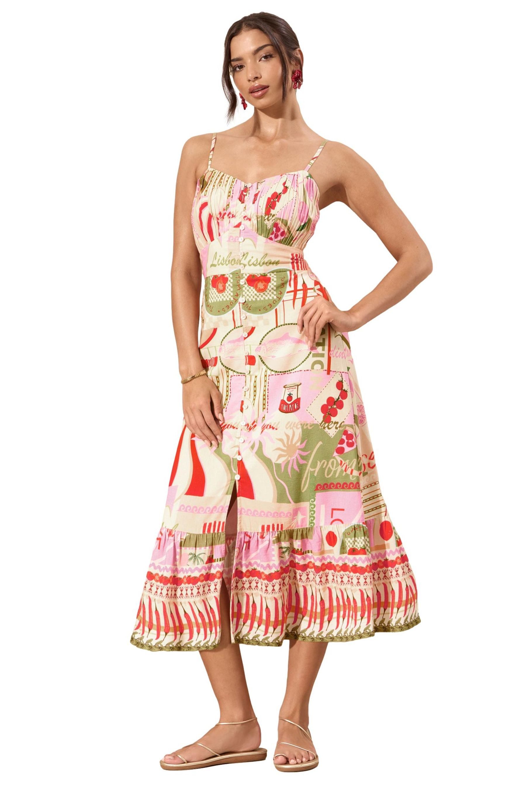 LIPSY Midikleid Lipsy Geknöpftes Midikleid mit Print und Leinen (1-tlg)