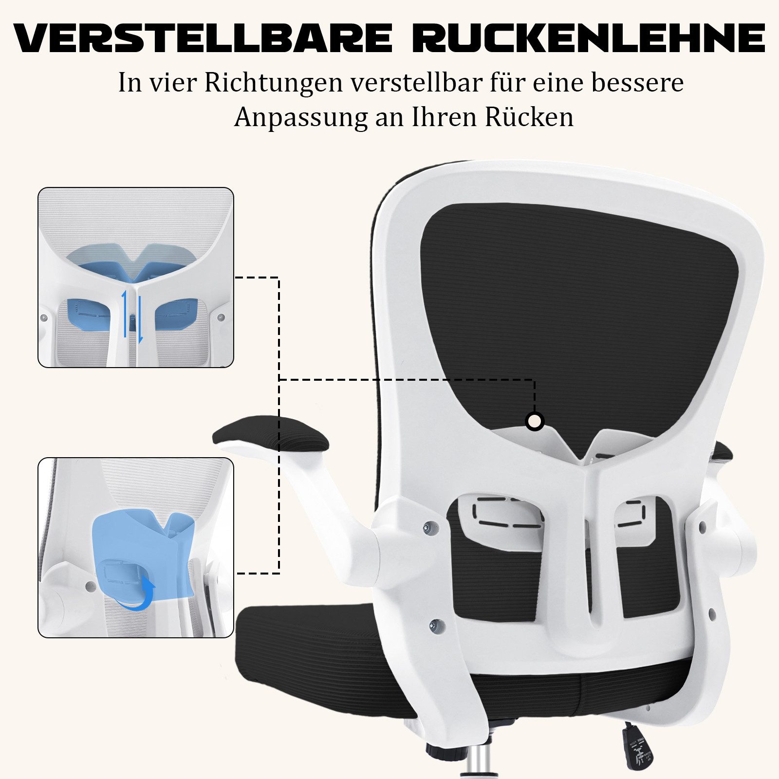 Durrafy Bürostuhl Ergonomischer Bürostuhl,Schreibtischstuhl mit klappbaren Armlehnen (Höhenverstellbarer Drehstuhl mit Wippfunktion bis 130°,Computerstuhl mit verstellbarer Lendenwirbelstütze und leisen Rollen), Chefsessel mit 150 kg Tragfähigkeit