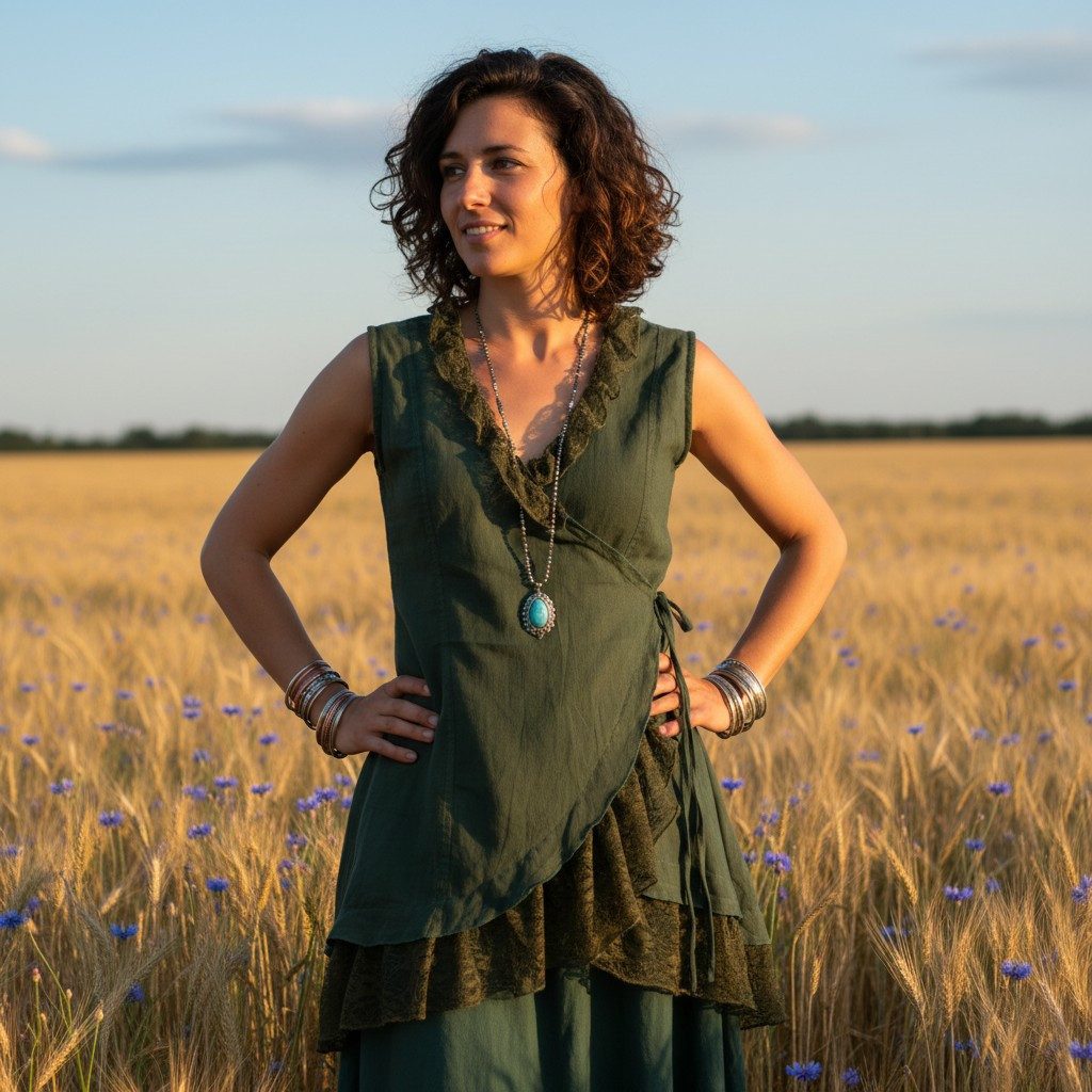 Guru-Shop Longbluse Wickeltunika mit Spitze - dunkelgrün alternative Beklei günstig online kaufen