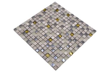 Mosani Mosaikfliesen Glasmosaik Naturstein Mosaik hellgrau gold matt / 10 Matten