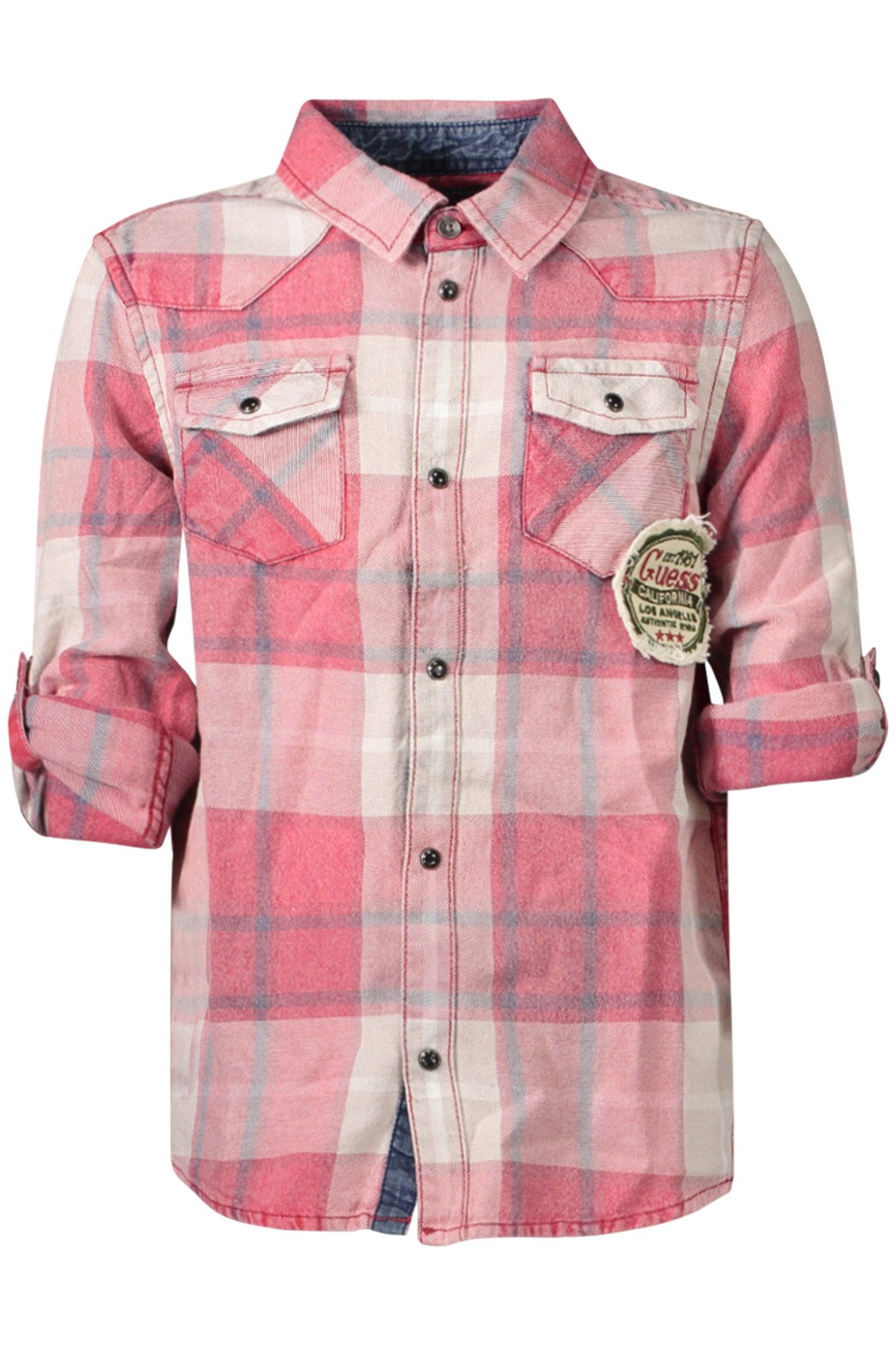 GUESS JEANS Langarmhemd Rotes Langarmshirt für Kinder, kariert, klassischer Kragen, Druckknö