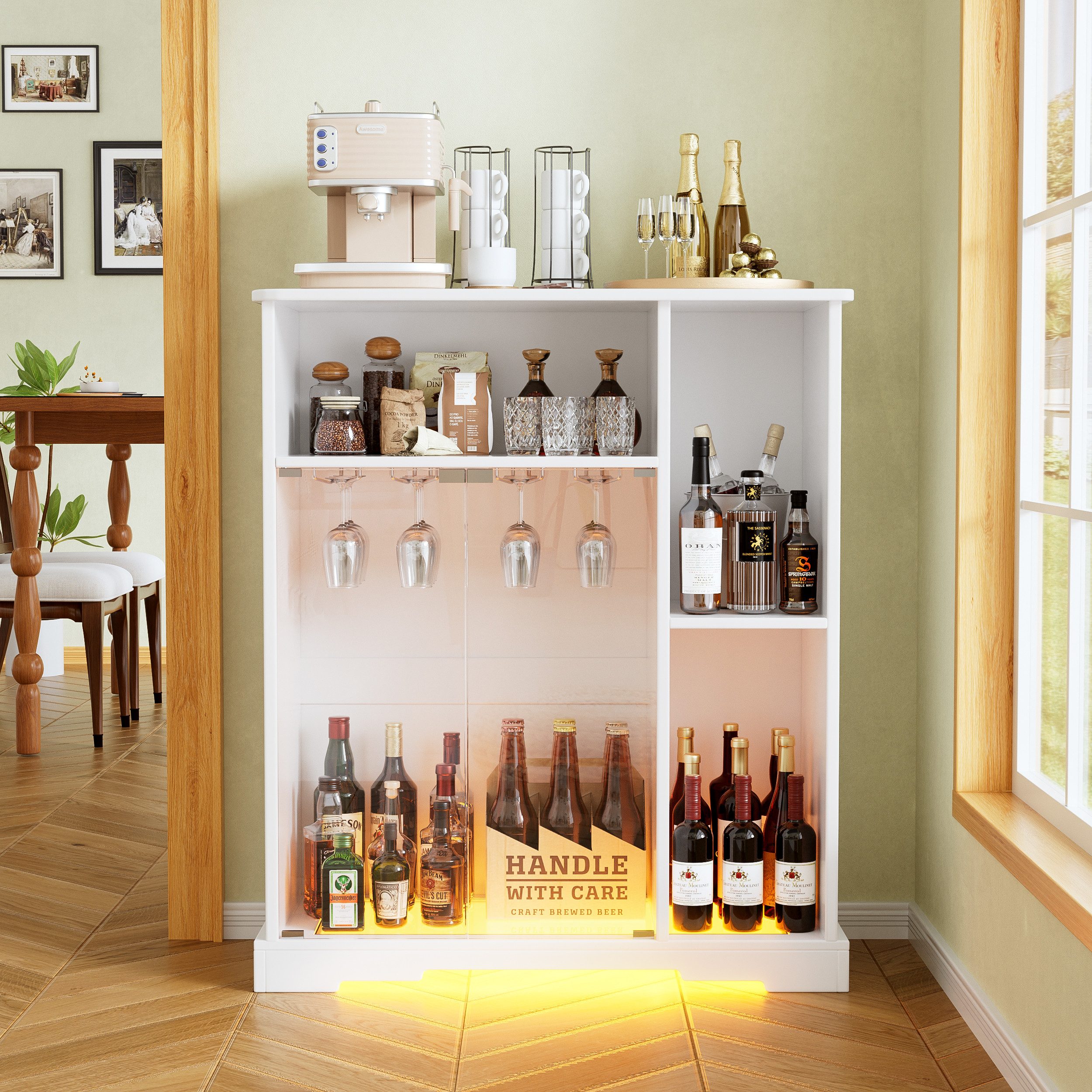 TWSOUL Weinschrank mit LED-Beleuchtung & Glastür– Barschrank mit Weinglashalter, 85,4 × 40 × 110 cm