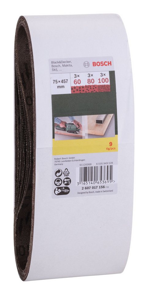 Thumbnail - BOSCH Schleifpapier, (9 Teile), Set rote Qualität für Bandschleifer K60,8,100 - 75 x 457 mm, 9-teilig