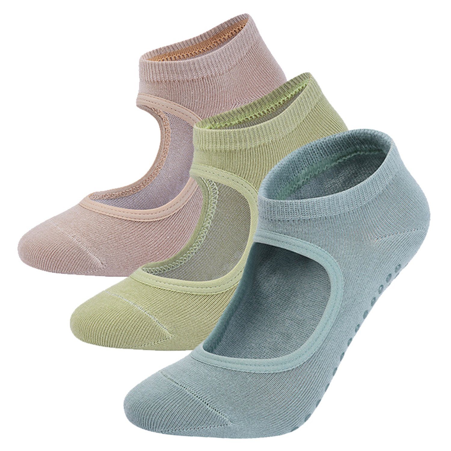 Daisred Sneakersocken Yoga Socken Rutschfeste für Damen, 3 Paare Pilates Sock Grün+Beige+HellGrün