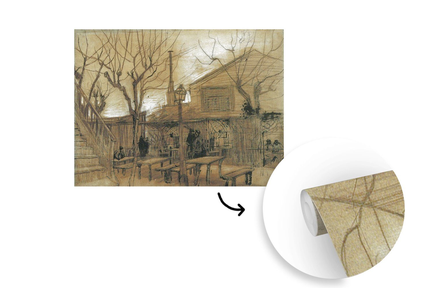 (6 bedruckt, Wohnzimmer, in Tapete Vinyl - la Gogh, für St), MuchoWow Wandtapete Fototapete Gartenrestaurant Guinguette van Vincent Matt, Montagefertig Montmartre