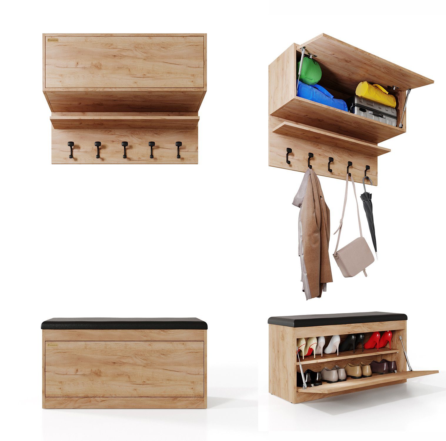 Platan Room Garderoben-Set, (Schuhschrank Wandregal Hängeschrank, 3-tlg), Holz Eiche Weiß. € 309,00