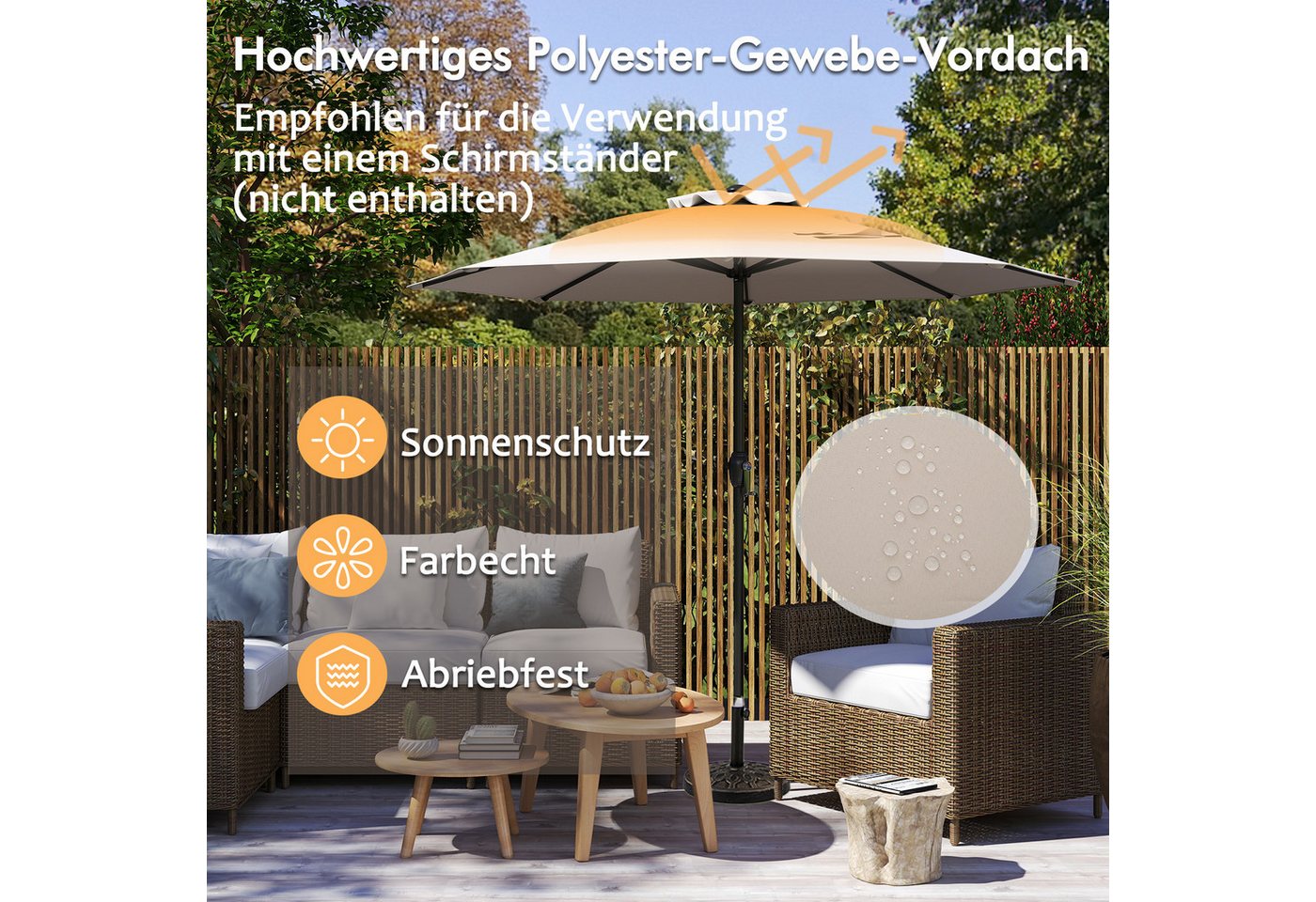 Thumbnail - KOMFOTTEU Sonnenschirm, Gartenschirm mit 8 Rippen, Belüfteter Obenbereich & Kurbelgriff