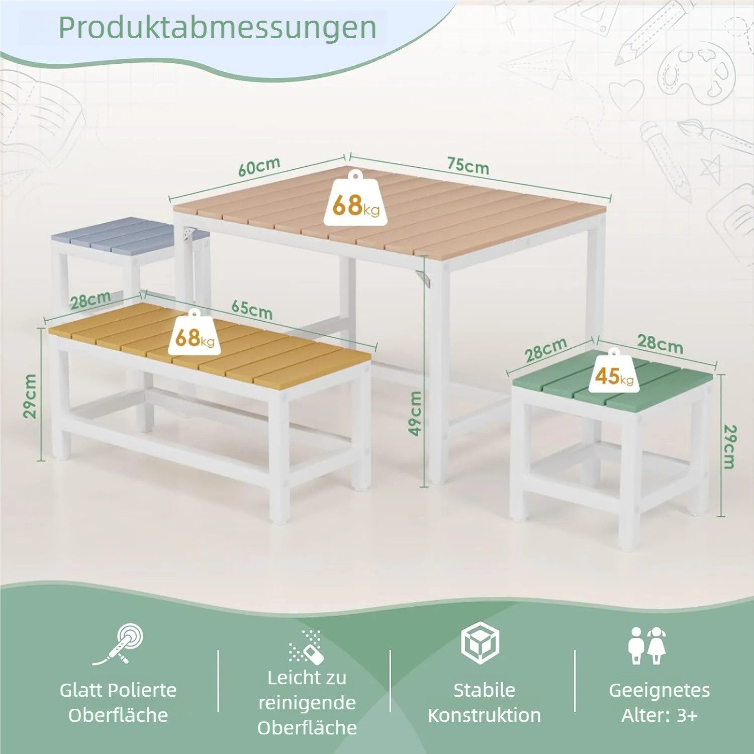 TLGREEN Garten-Kindersitzgruppe aus Hochwertigem Pappelholz – Mit Wasserdichter Abdeckung, (Kinder Garten Set 4-tlg, Robustes Tisch mit Bänken & Hocker für Terrasse, Garten & Balkon), Outdoor & Indoor Kindermöbel für Picknick, Malen & Spielen