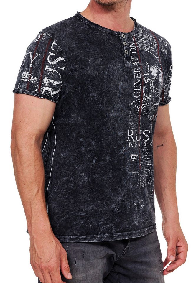 R-NEAL T-Shirt Henley T-Shirt mit Knopfleiste und Skull Print Herren Rocker Shirt