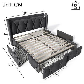 Ulife Polsterbett Doppelbett Stauraumbetten Bettgestell Lattenrost aus Holz, mit aufladen USB Ladefunktion Kopfteil und 4 Schubladen