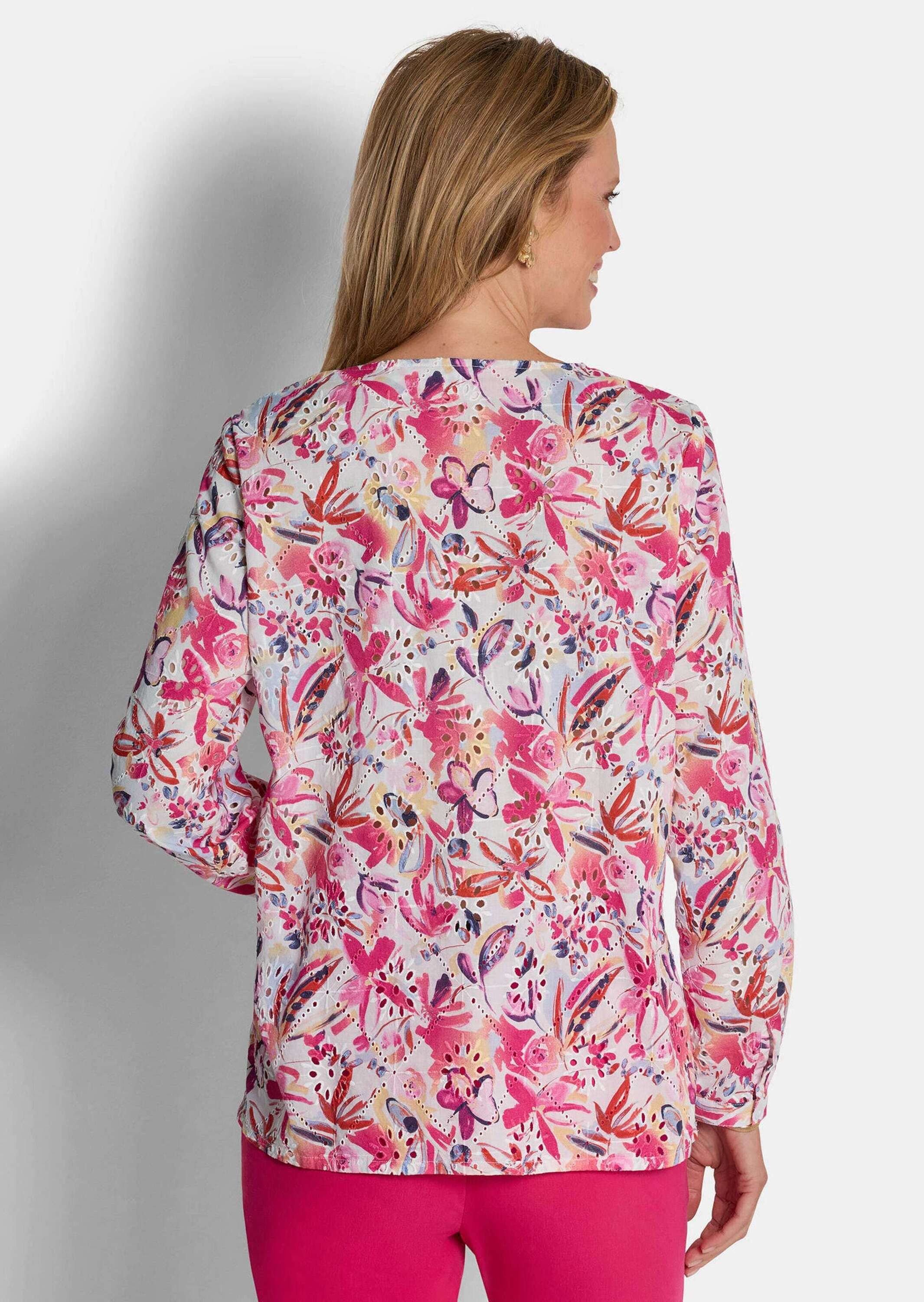 GOLDNER Kurzarmbluse Kurzgröße: Druckbluse mit floralem Design Baumwollbluse mit V-Ausschnitt, Knopfleiste und Langarm