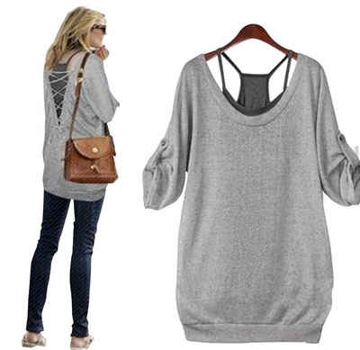 Mississhop Longpullover Damen Oberteil Tunika Longshirt + Top (2 in 1) M. Gesel (Packung Set, 2-tlg., 2er-Pack) Top mit Träger, in Melange Optik, mit V-Ausschnitt im Rücken