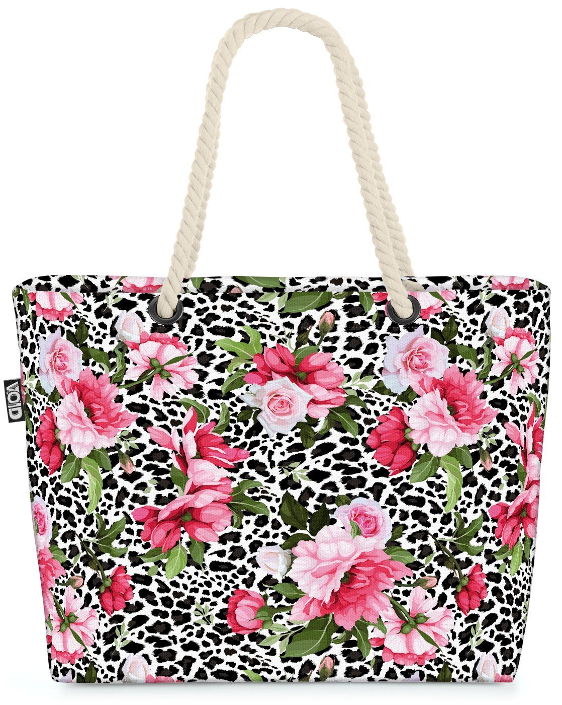 VOID Strandtasche (1-tlg), Pfingstrosen Leopard Beach Bag Leo-Print Leoparden-Muster Blumen-Muster geblümt